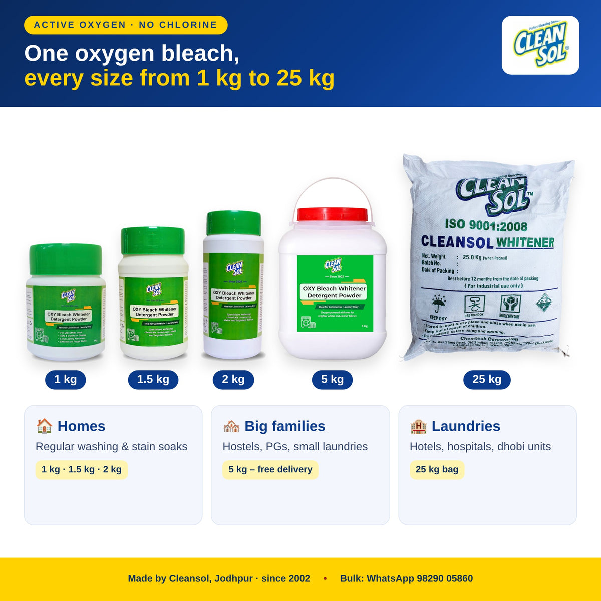 Cleansol Oxygen Bleach range – 1 kg, 1.5 kg, 2 kg jars, 5 kg bucket and 25 kg bag