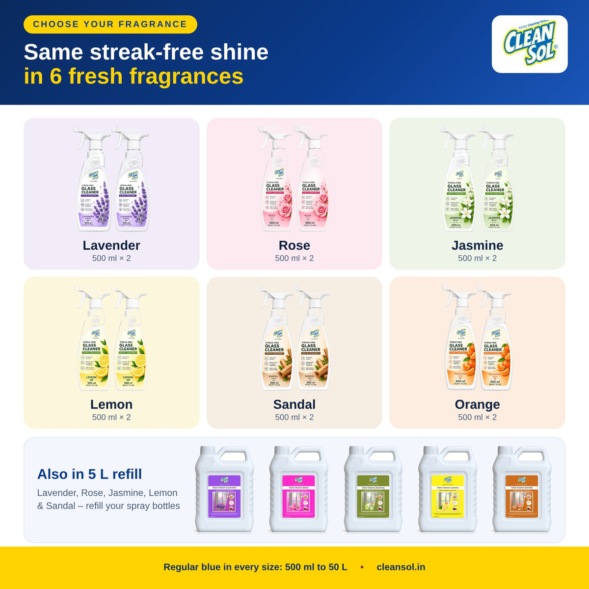 Cleansol Glass Cleaner in 6 fragrances – lavender, rose, jasmine, lemon, sandal, orange