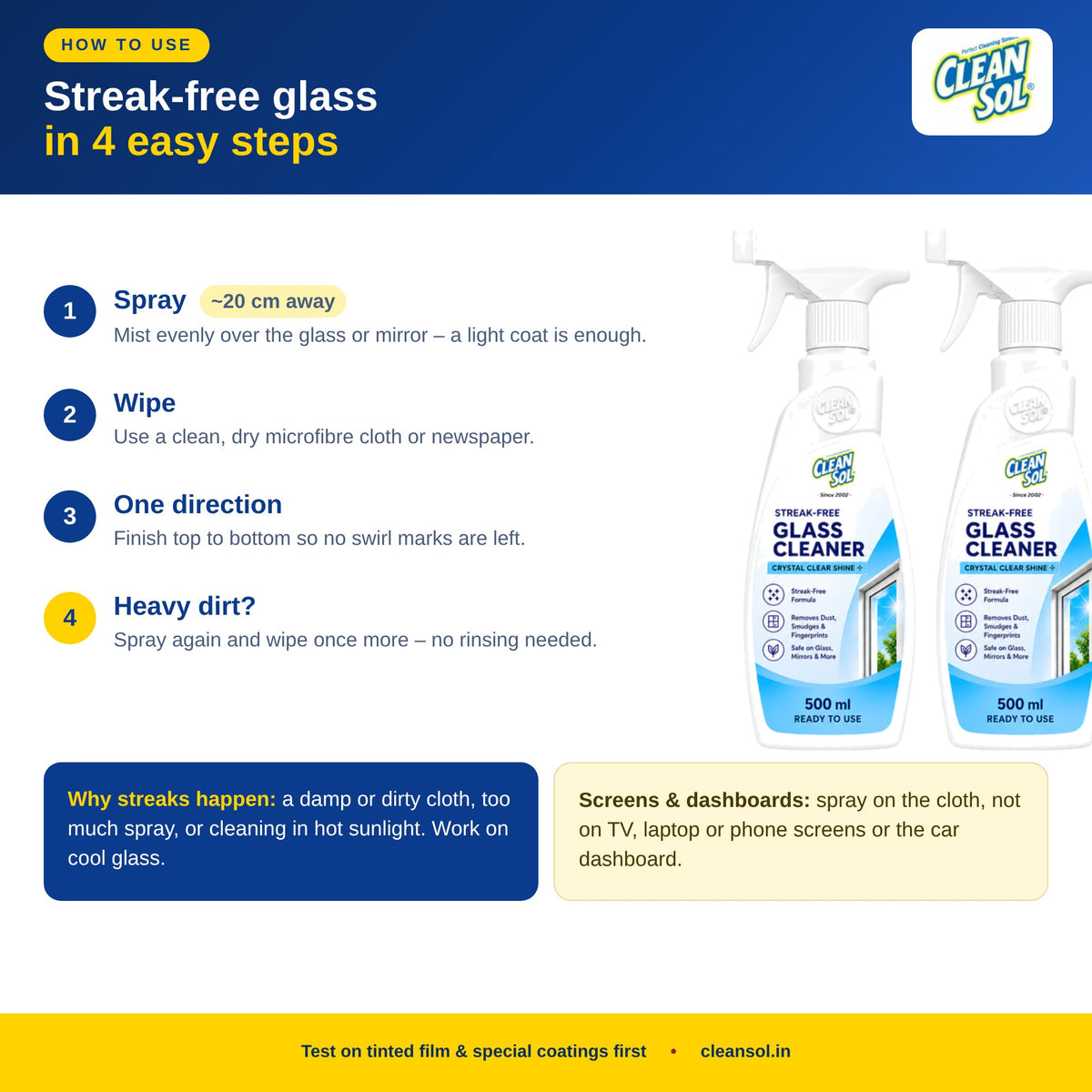 Cleansol Glass Cleaner with no ammonia added – streak-free, fast-drying shine