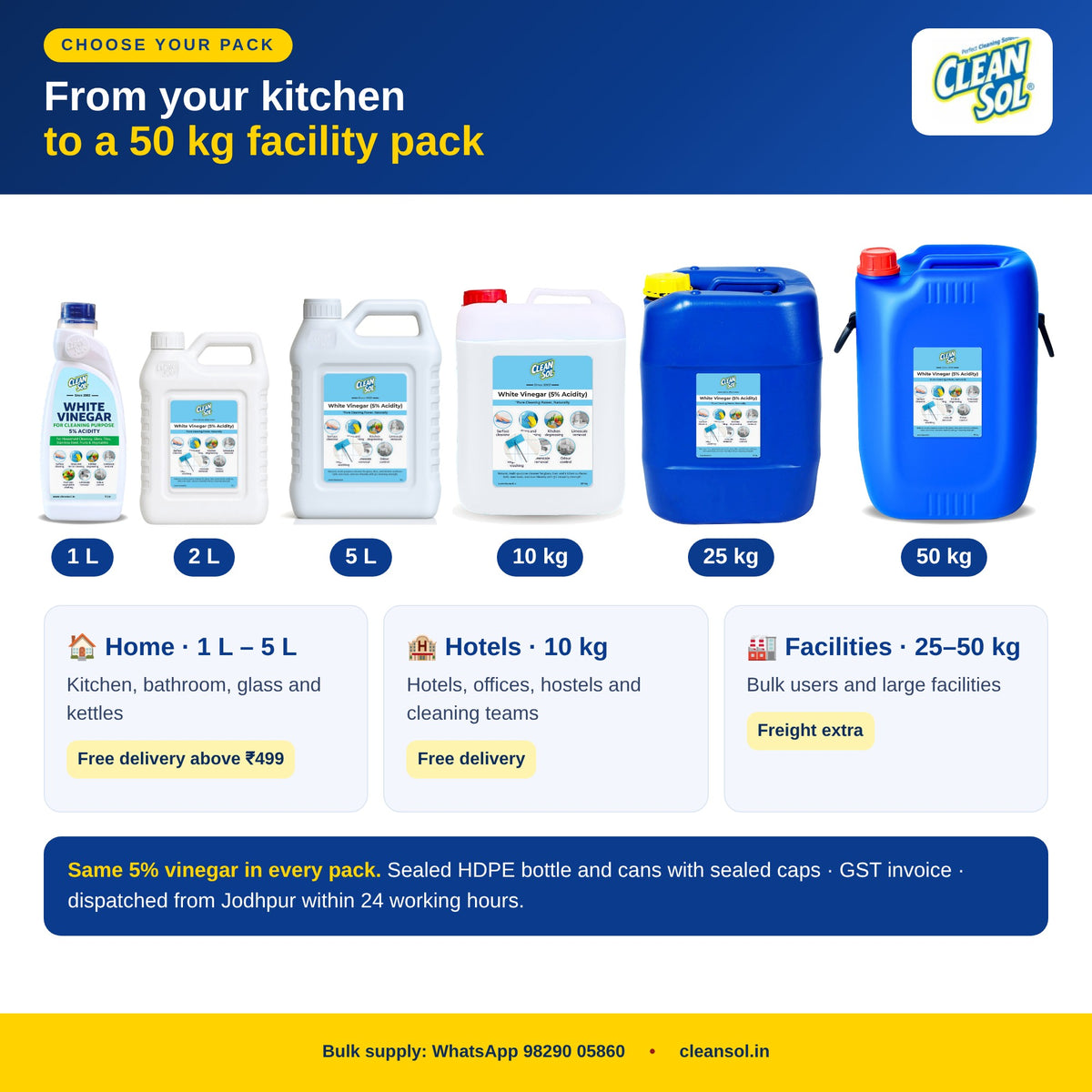 Cleansol White Vinegar pack sizes – 1 L, 2 L, 5 L, 10 kg, 25 kg and 50 kg