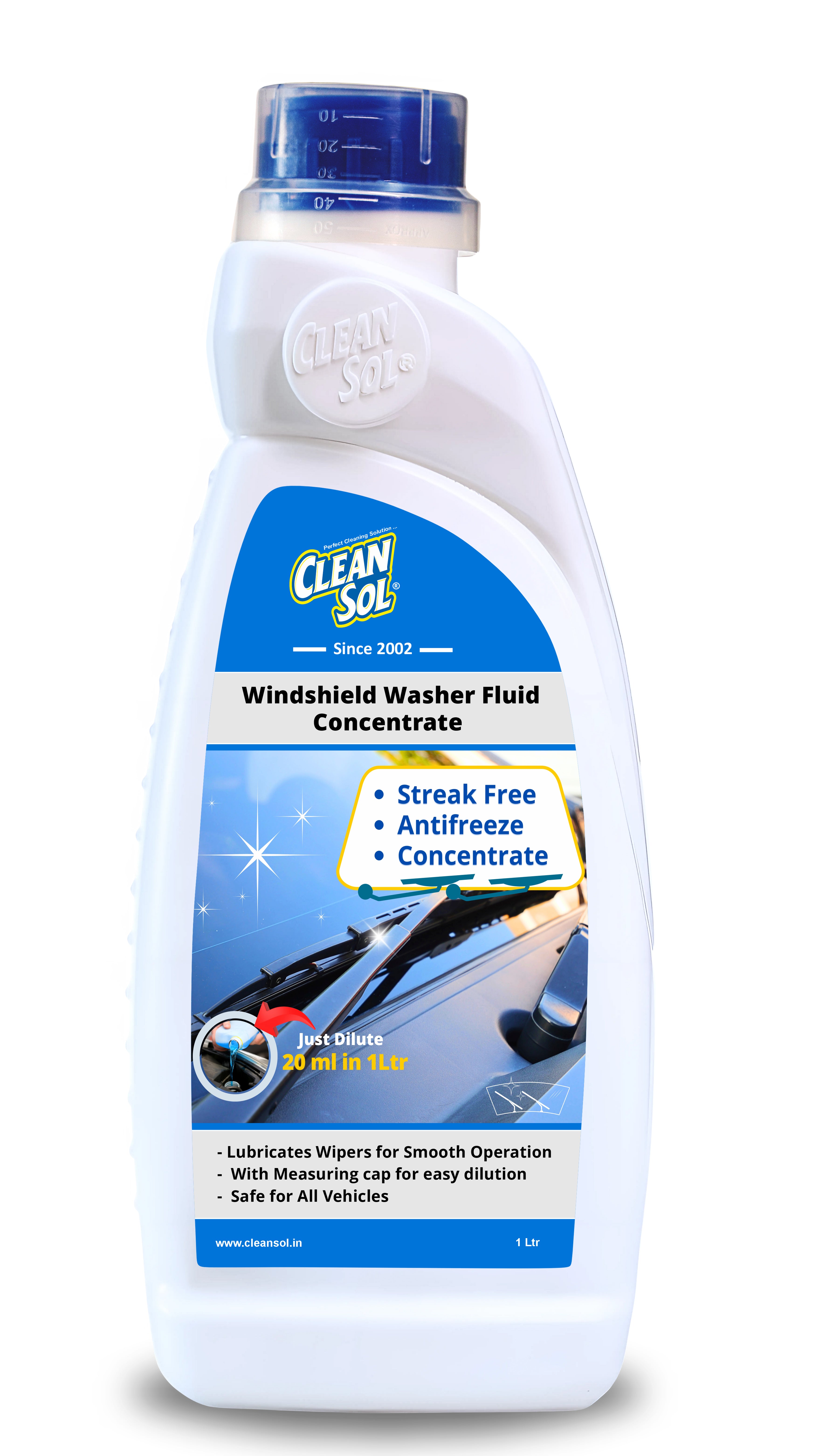Cleansol Premium Windshield Washer Fluid Concentrate | 20mL Makes 1L | Anti-Freeze Formula | Streak-Free Shine | Includes Measuring Cap | Safe for All Cars