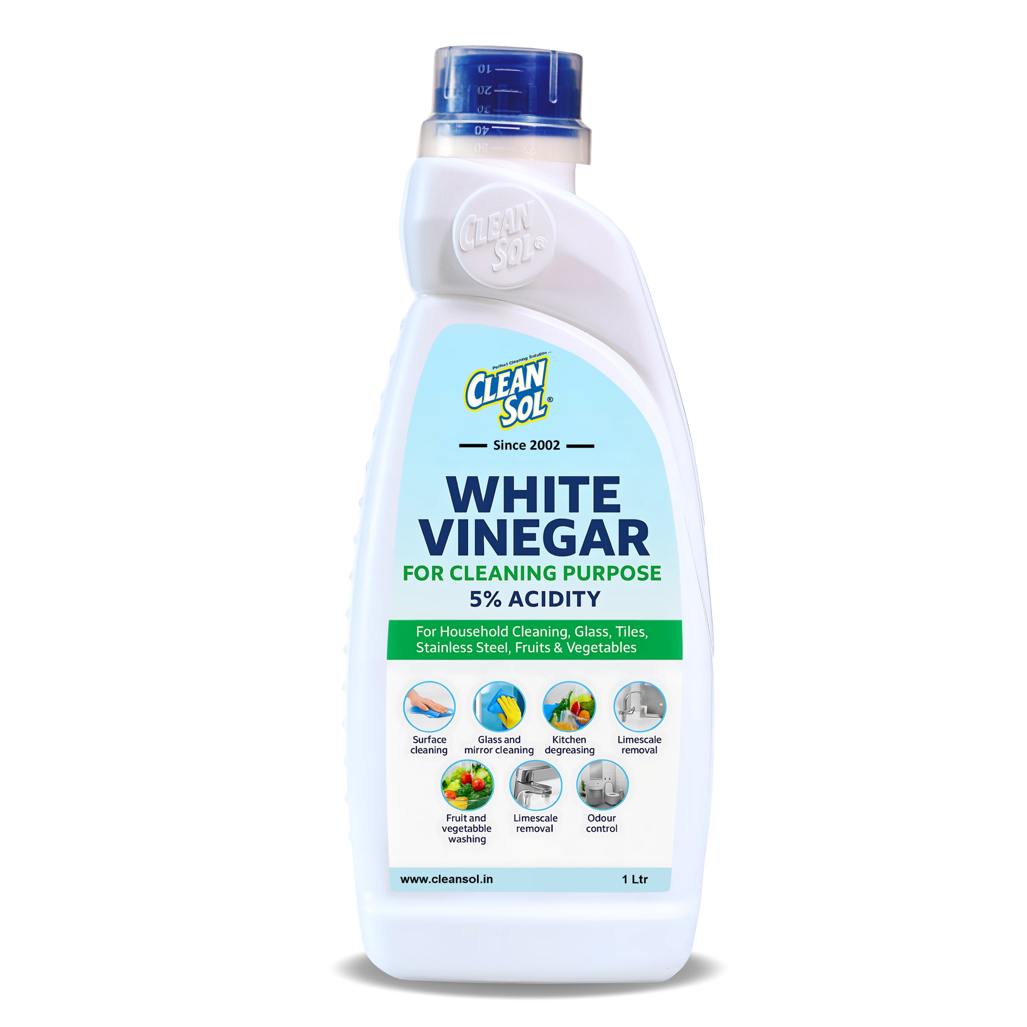 Cleansol White Vinegar for Cleaning Purpose  | 5% Vinegar for Household Use | Safe for Fruits & Vegetable Washing | Glass, Tile, Kitchen & Surface Cleane