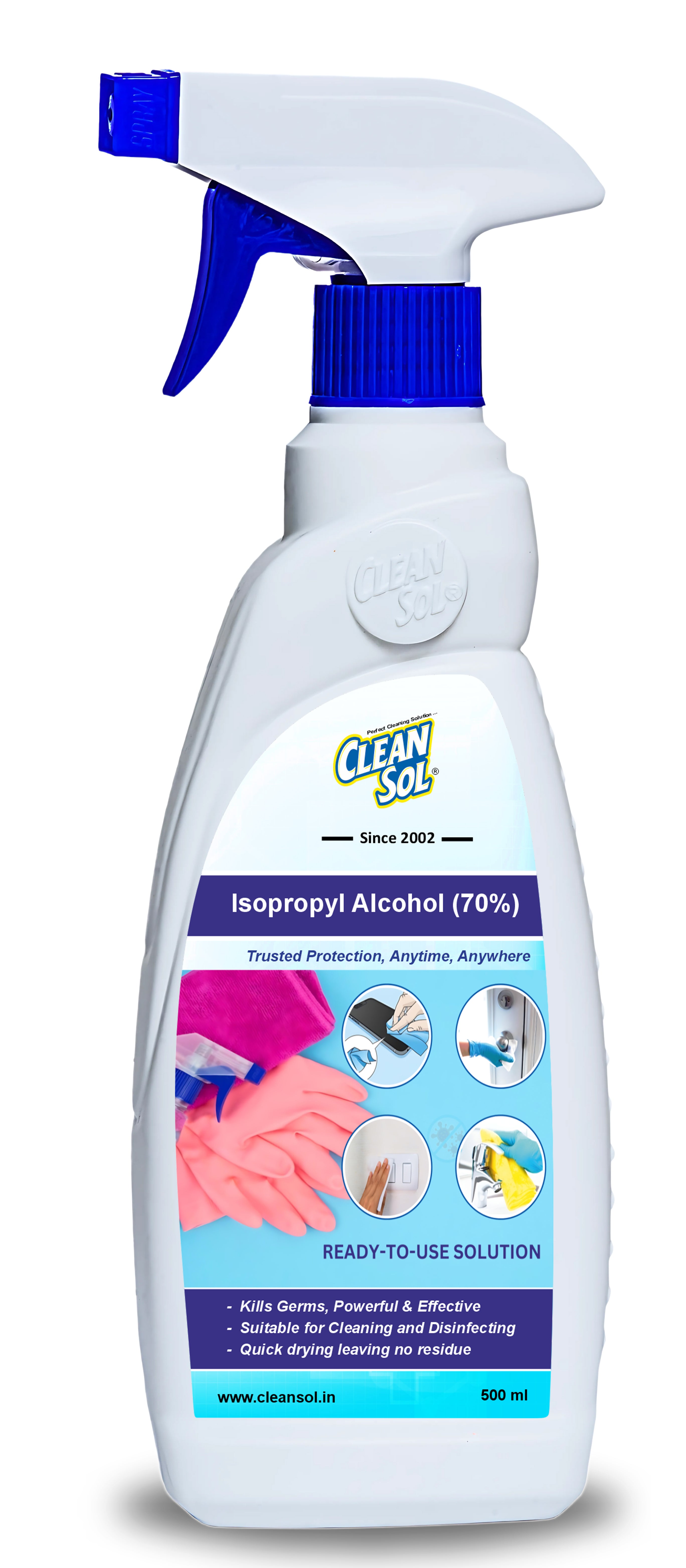 Cleansol Isopropyl Alcohol (70%) | Multipurpose Disinfectant & Surface Sanitizer Spray | No Residue | Rubbing Alcohol for Cleaning, Derma Roller | For Home, Office, Hospital & Clinic – 500ml