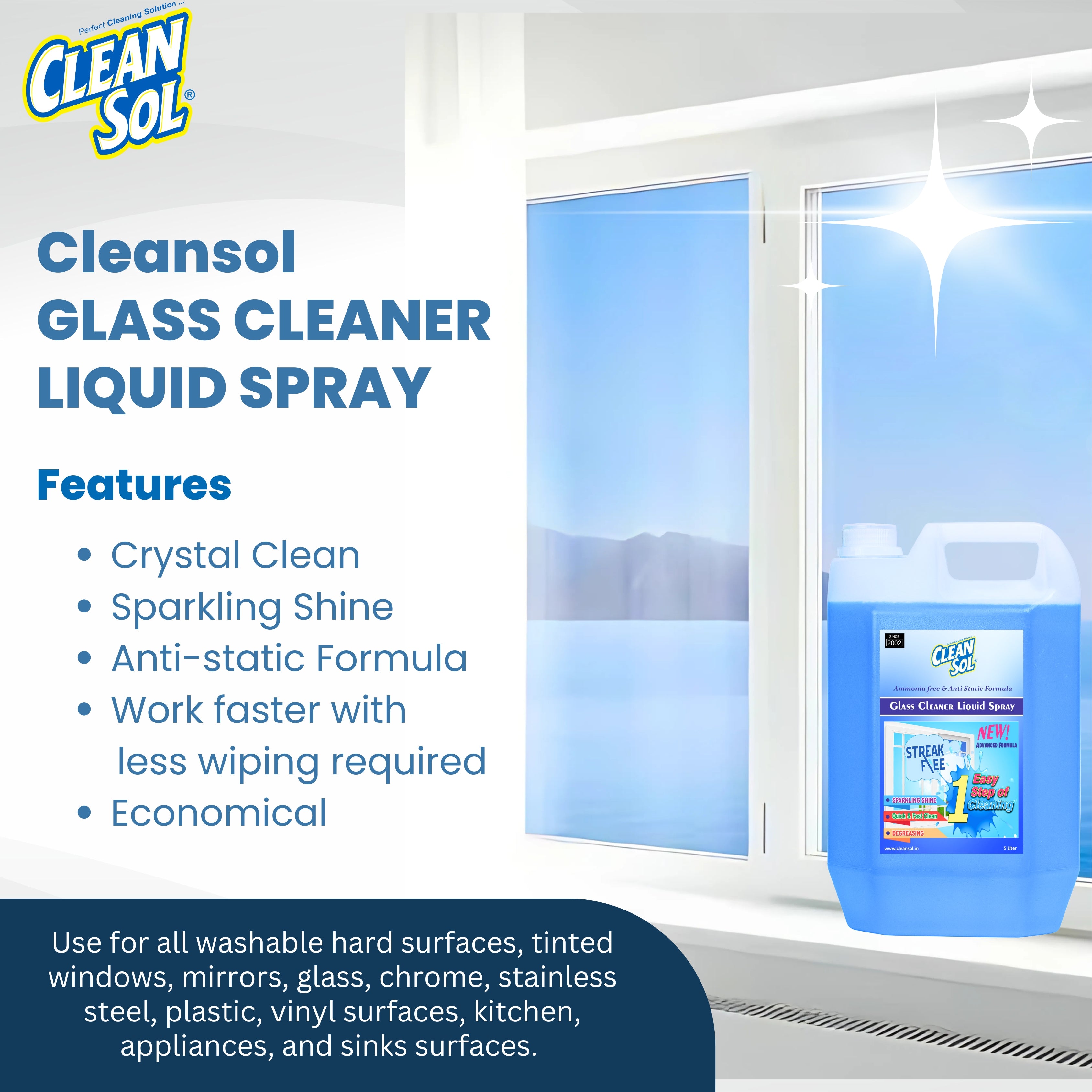 Cleansol Glass Cleaner Liquid Spray | Streak-Free, Non-Toxic, Ammonia-Free, Eco-Friendly Multi-Surface Glass Cleaner | For Mirror, Window, Kitchen, Car Windshields, | Fresh Fragrance | 5 Litre Pack