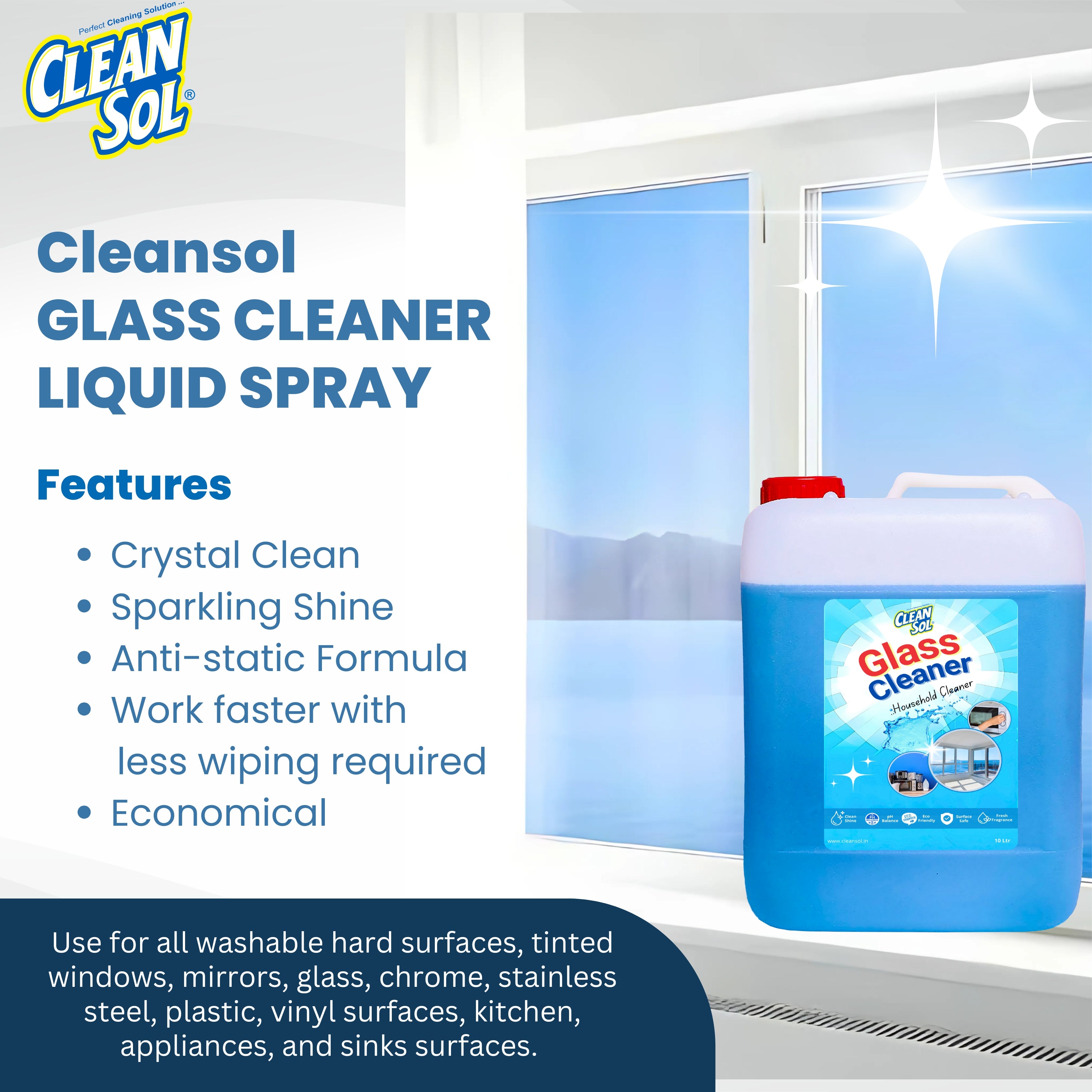 Cleansol Glass Cleaner Spray 10 Liters | Streak & Ammonia Free Glass Cleaning Liquid for Car Windshield, Windows, Mirrors | Eco-Friendly Multipurpose All-Surface Cleaner for Kitchen & Solar Panels