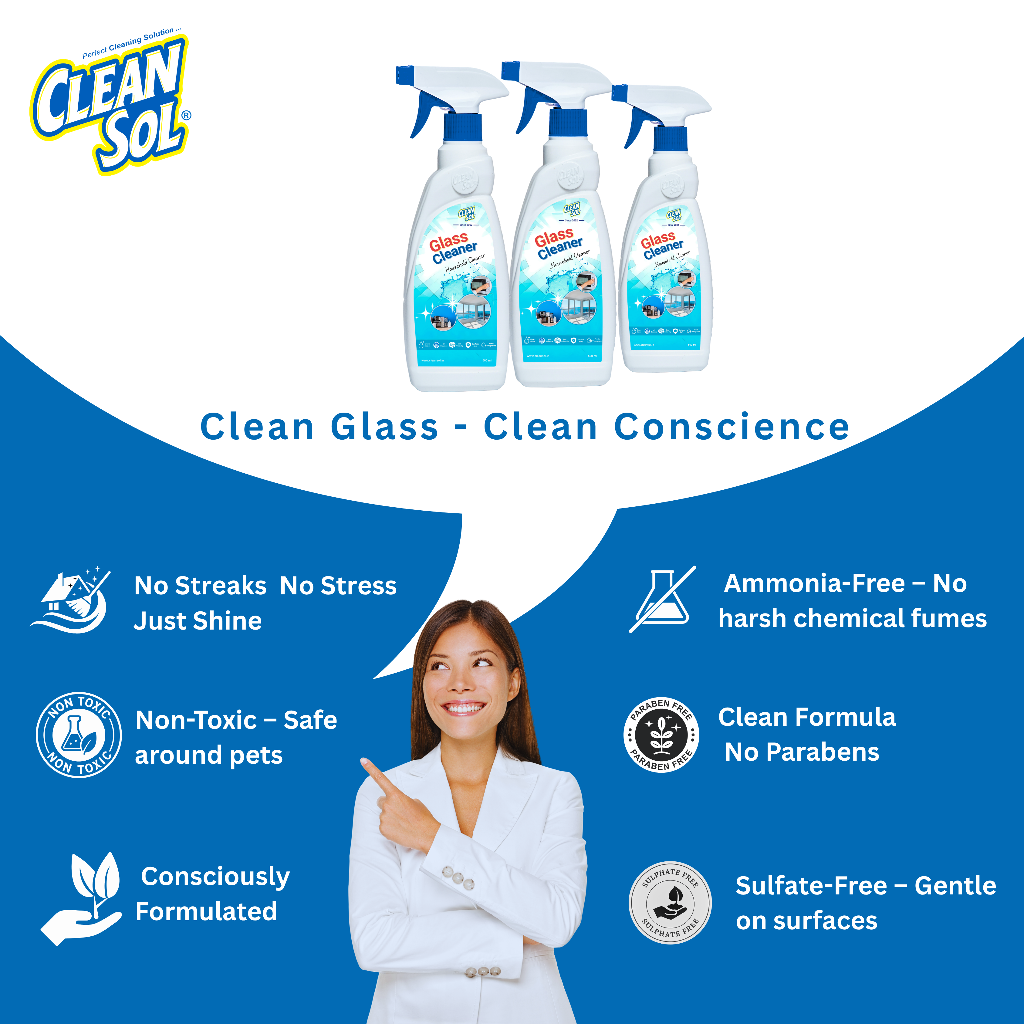 Cleansol Glass Cleaner (500ml) – Streakless Ammonia-Free Glass & Surface Spray