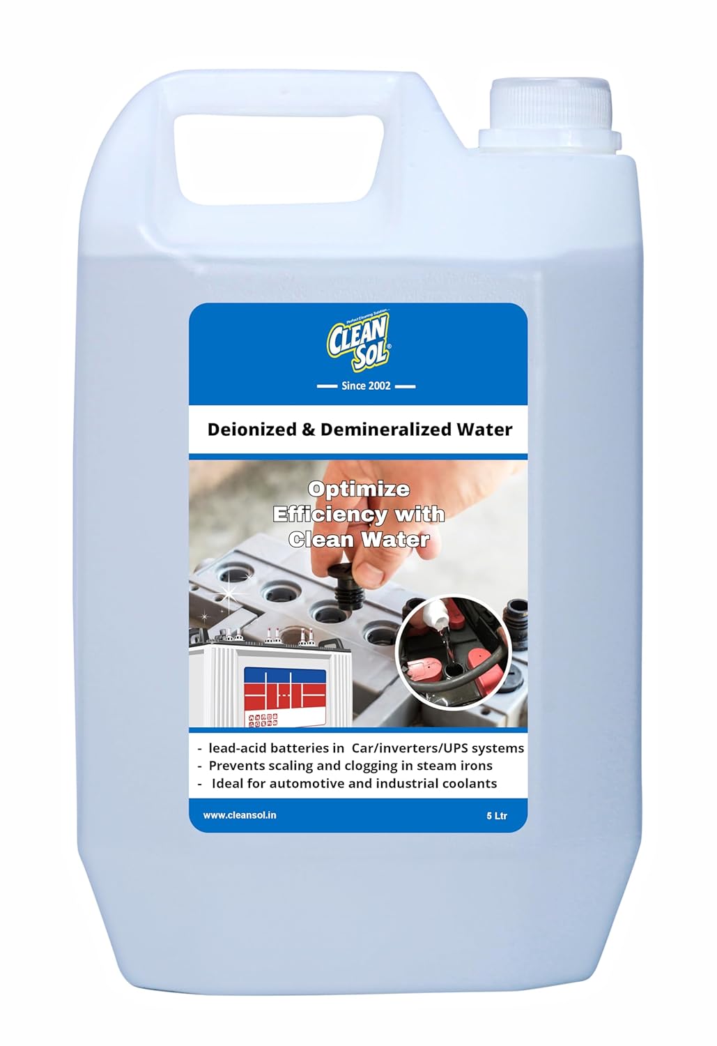 Cleansol Deionized Demineralized Distilled Water (0 TDS) – 5 Litre | Ideal for Battery, Inverter, Machine, Steam, Lab, Soap Making & Cosmetics