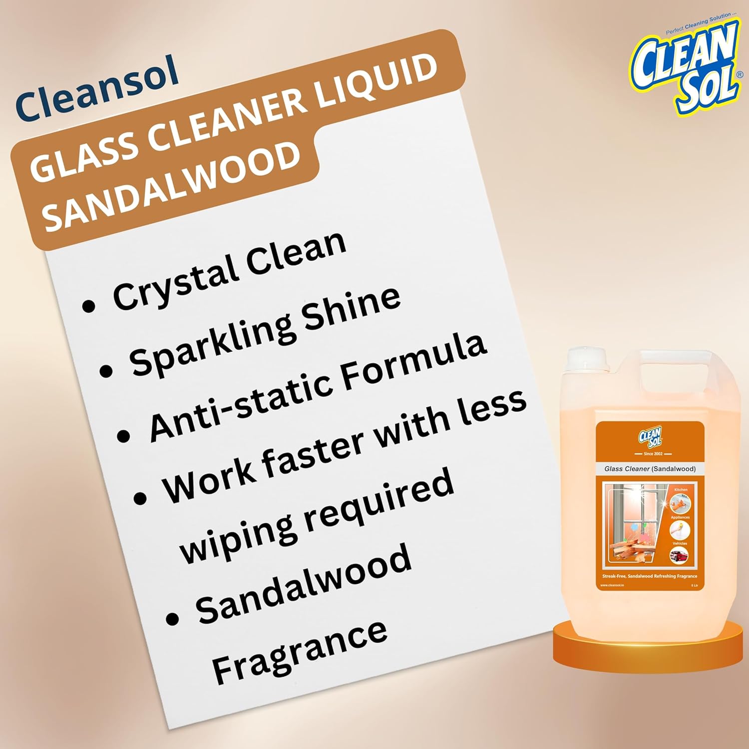 Cleansol Glass Cleaner Spray – Sandalwood Fragrance | Streak-Free, Non-Toxic, Ammonia-Free, Eco-Friendly Multi-Surface Cleaner for Windows, Mirrors, Car Windshields, Kitchen & Home Cleaning - 5 ltr