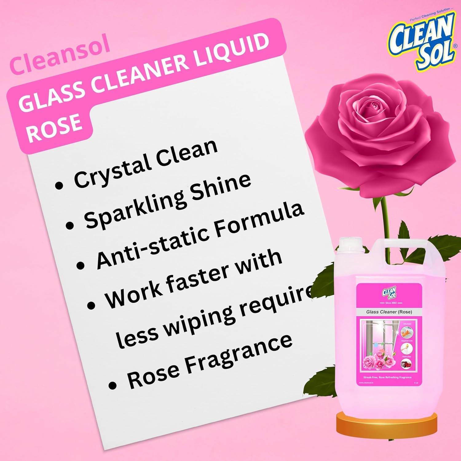 Cleansol Glass Cleaner Spray – Rose Fragrance | Streak-Free, Non-Toxic, Ammonia-Free, Eco-Friendly Multi-Surface Cleaner for Windows, Mirrors, Car Windshields, Kitchen & Home Cleaning - 5 ltr