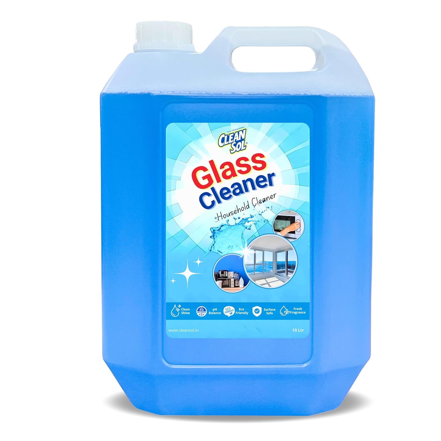 Cleansol Glass Cleaner Liquid Spray | Streak-Free, Ammonia-Free, Eco-Friendly Multi-Surface Glass Cleaner | For Mirror, Window, Kitchen, Car Windshield | 10 Litre Refill Pack with 500ml spray Bottle