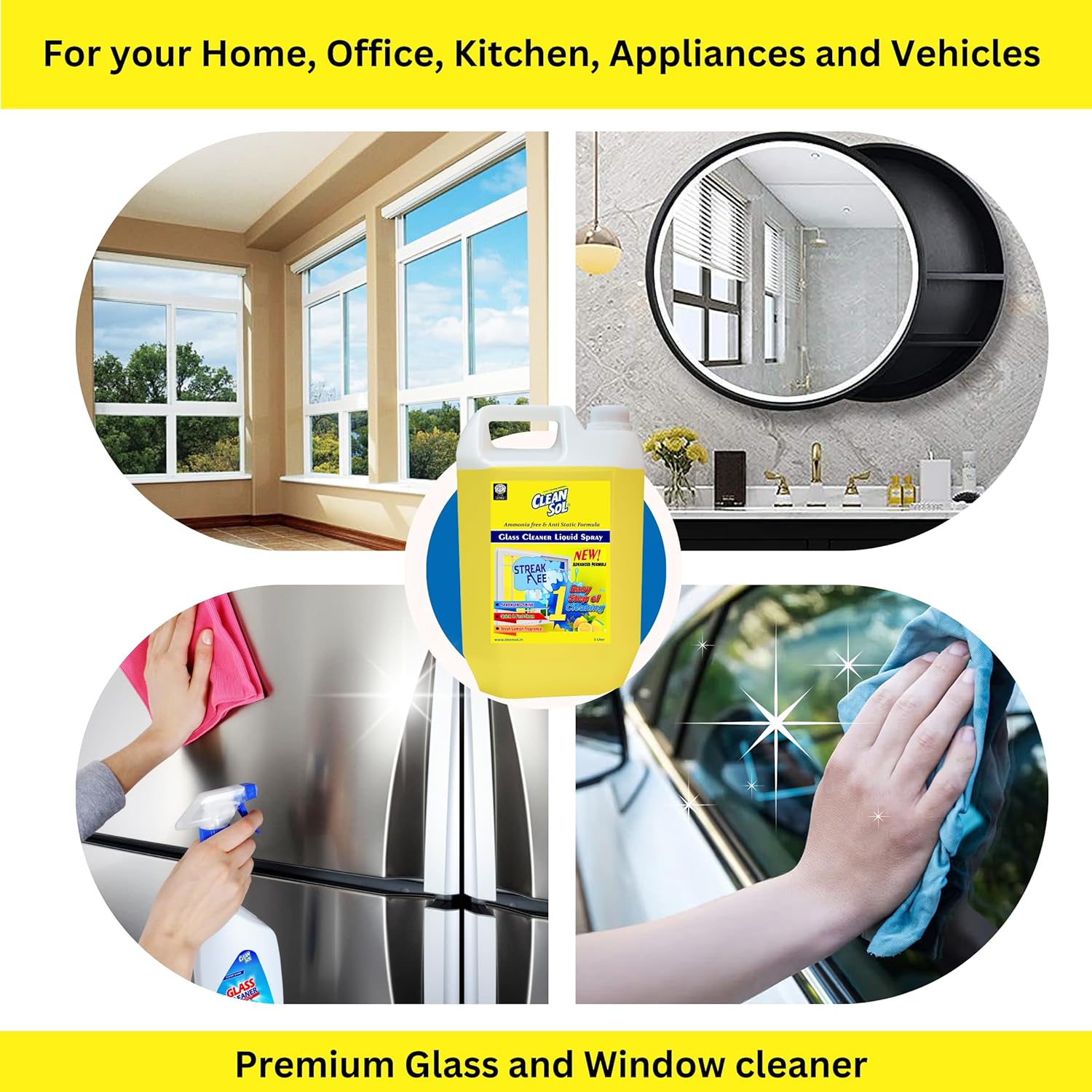 Cleansol Glass Cleaner Spray – Lemon Fragrance | Streak-Free, Non-Toxic, Ammonia-Free, Eco-Friendly Multi-Surface Cleaner for Windows, Mirrors, Car Windshields, Kitchen & Home Cleaning - 5 ltr