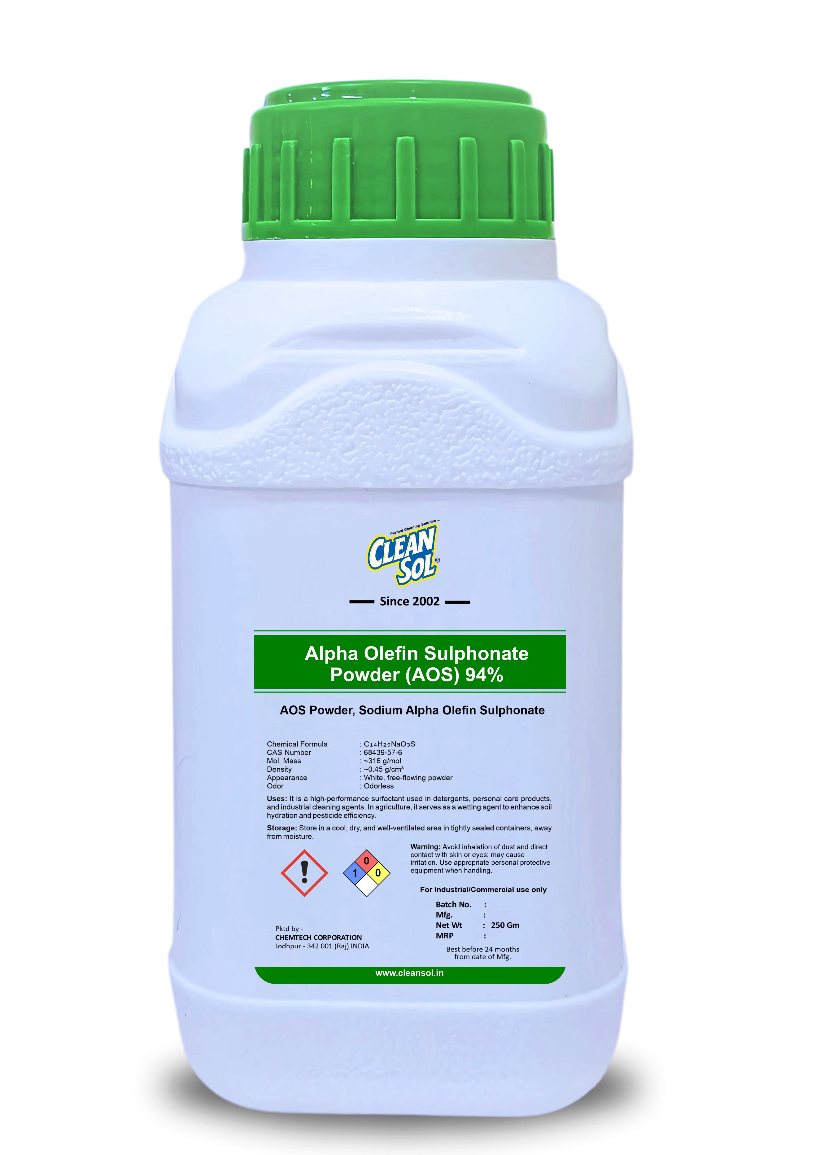 Cleansol Alpha Olefin Sulphonate Powder (AOS) 94% | High-Performance Surfactant for Detergents, Cleaning, and Agriculture - 250g/500g/1kg/5kg