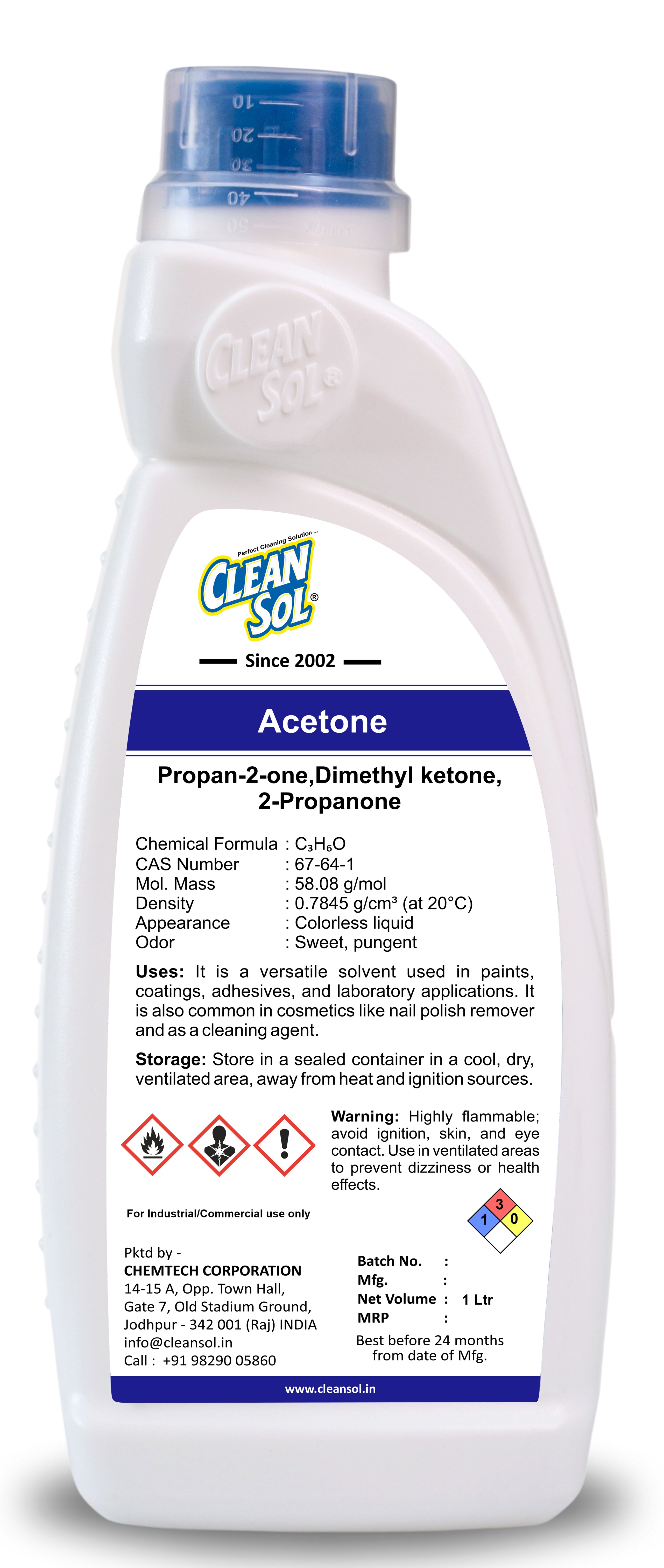 Cleansol Acetone 99.9% Pure | Industrial-Grade Solvent for Paints, Coatings, Adhesives, and Cosmetics | Nail Polish Remover | Multipurpose Cleaning Agent