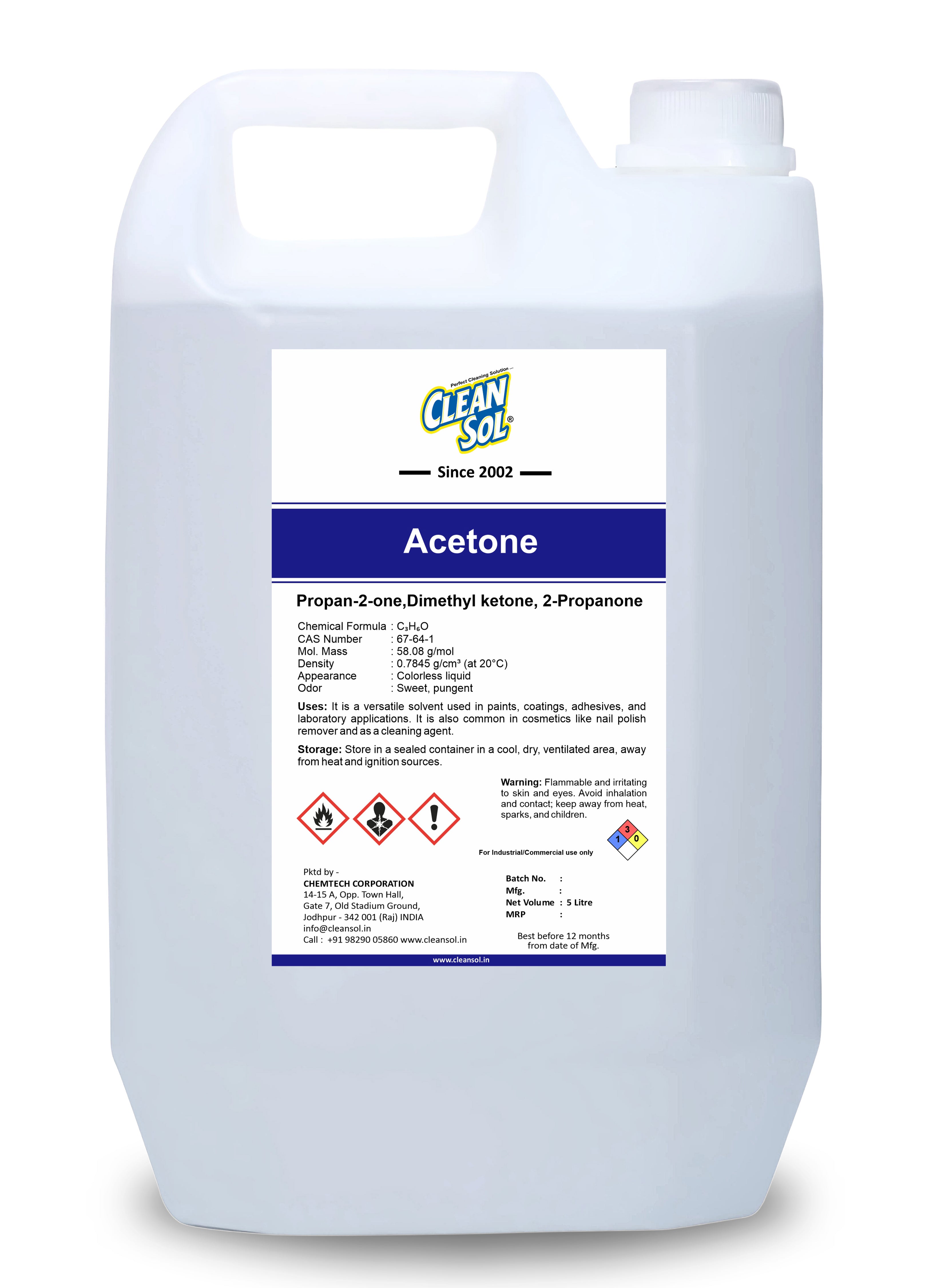 Cleansol Acetone 99.9% Pure | Industrial-Grade Solvent for Paints, Coatings, Adhesives, and Cosmetics | Nail Polish Remover | Multipurpose Cleaning Agent
