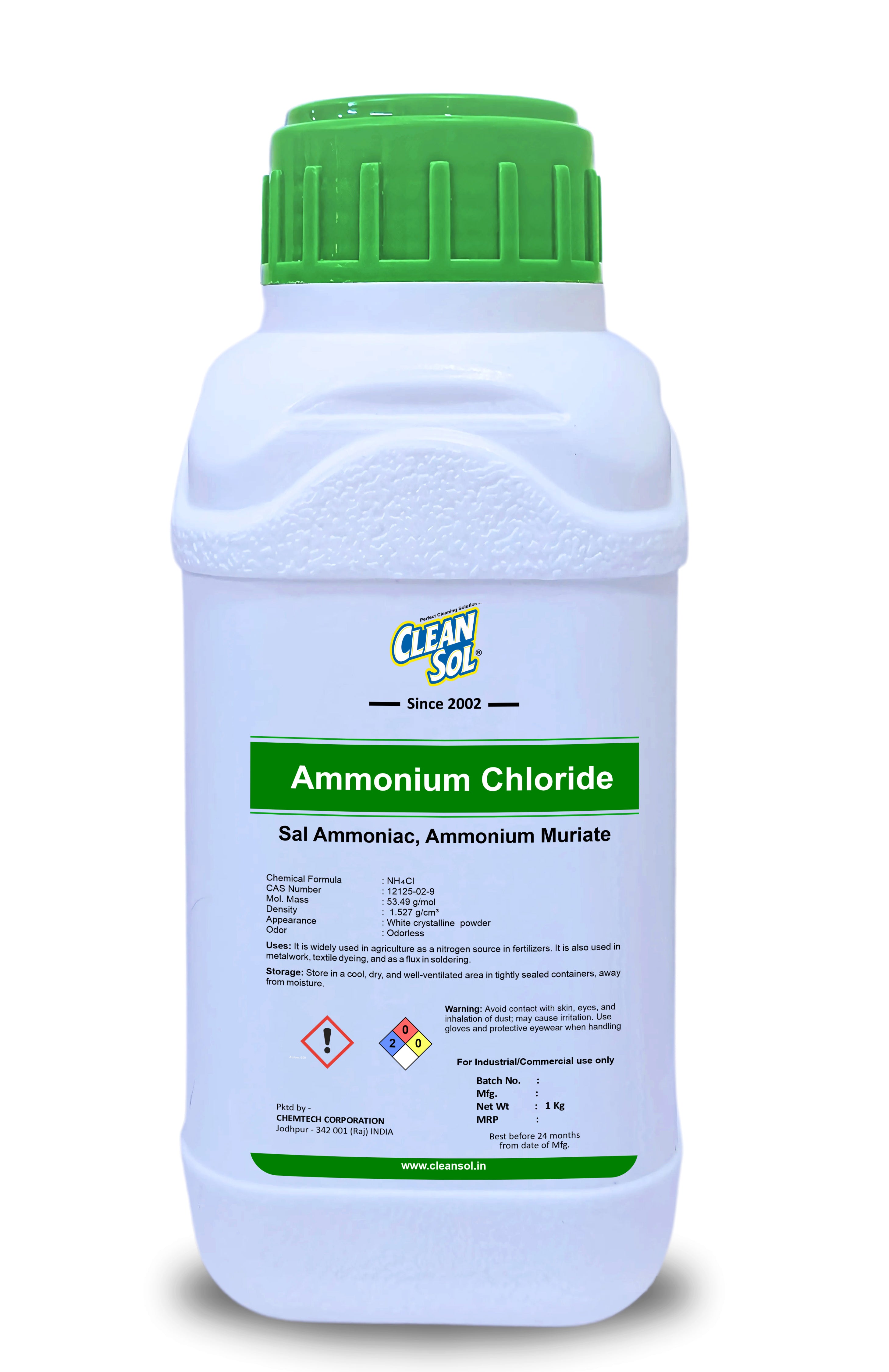 Cleansol Ammonium Chloride | Nitrogen-Rich Fertilizer for Agriculture and Multi-Purpose Industrial Applications - 250g/500g/1kg/5kg