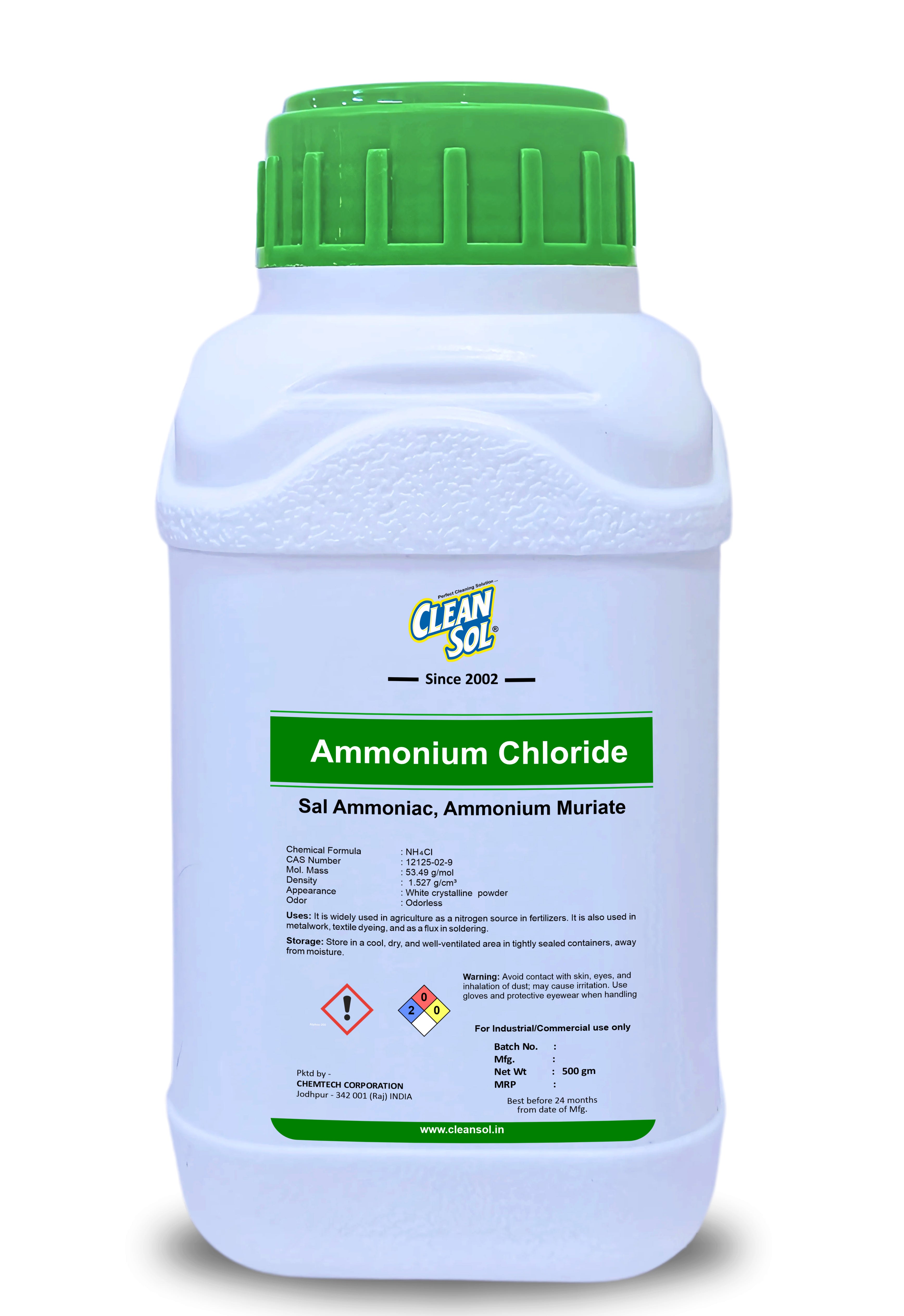 Cleansol Ammonium Chloride | Nitrogen-Rich Fertilizer for Agriculture and Multi-Purpose Industrial Applications - 250g/500g/1kg/5kg