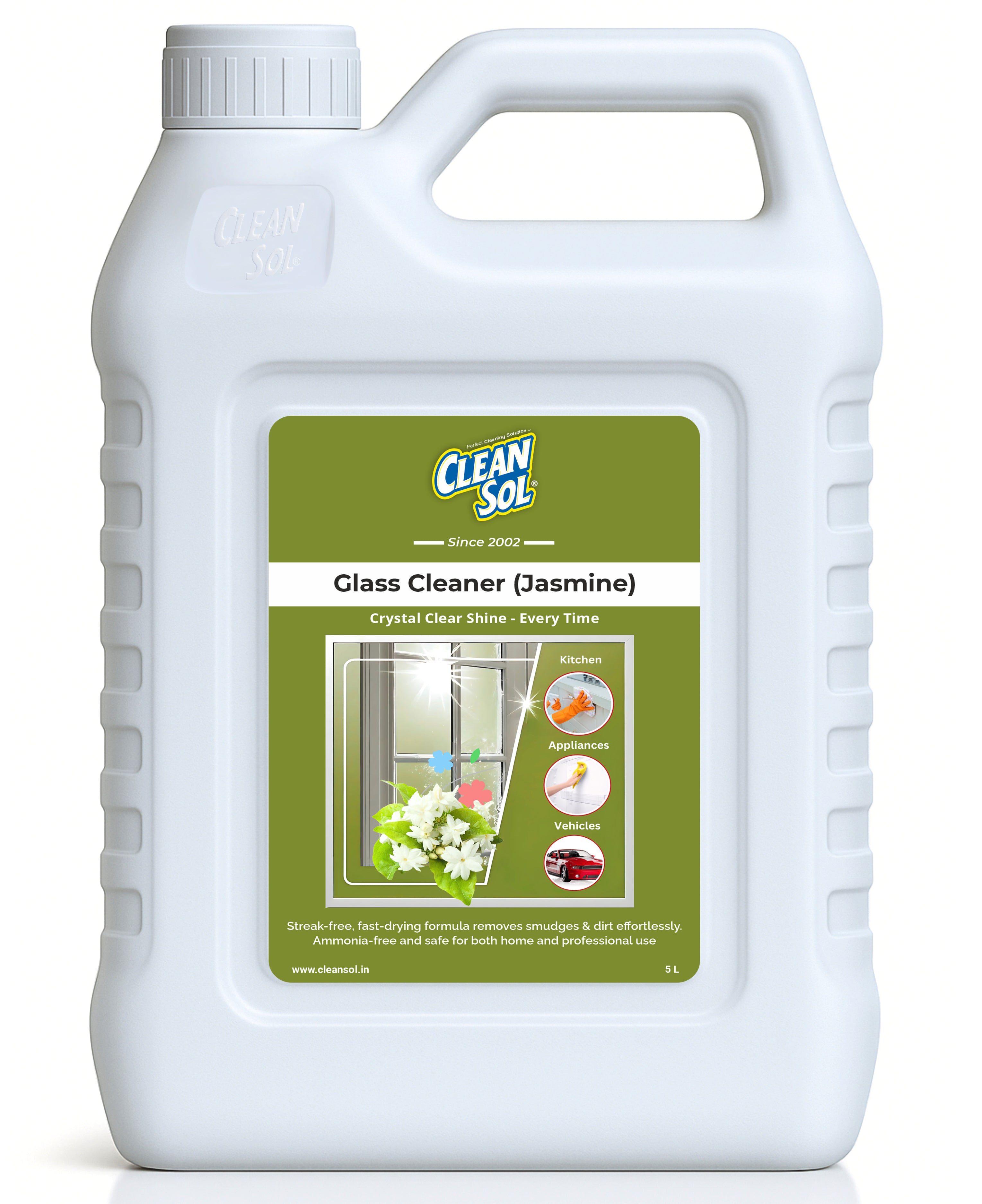 Cleansol Glass Cleaner Spray – Jasmine Fragrance | Streak-Free, Non-Toxic, Ammonia-Free, Eco-Friendly Multi-Surface Cleaner for Windows, Mirrors, Car Windshields, Kitchen & Home Cleaning - 5 ltr