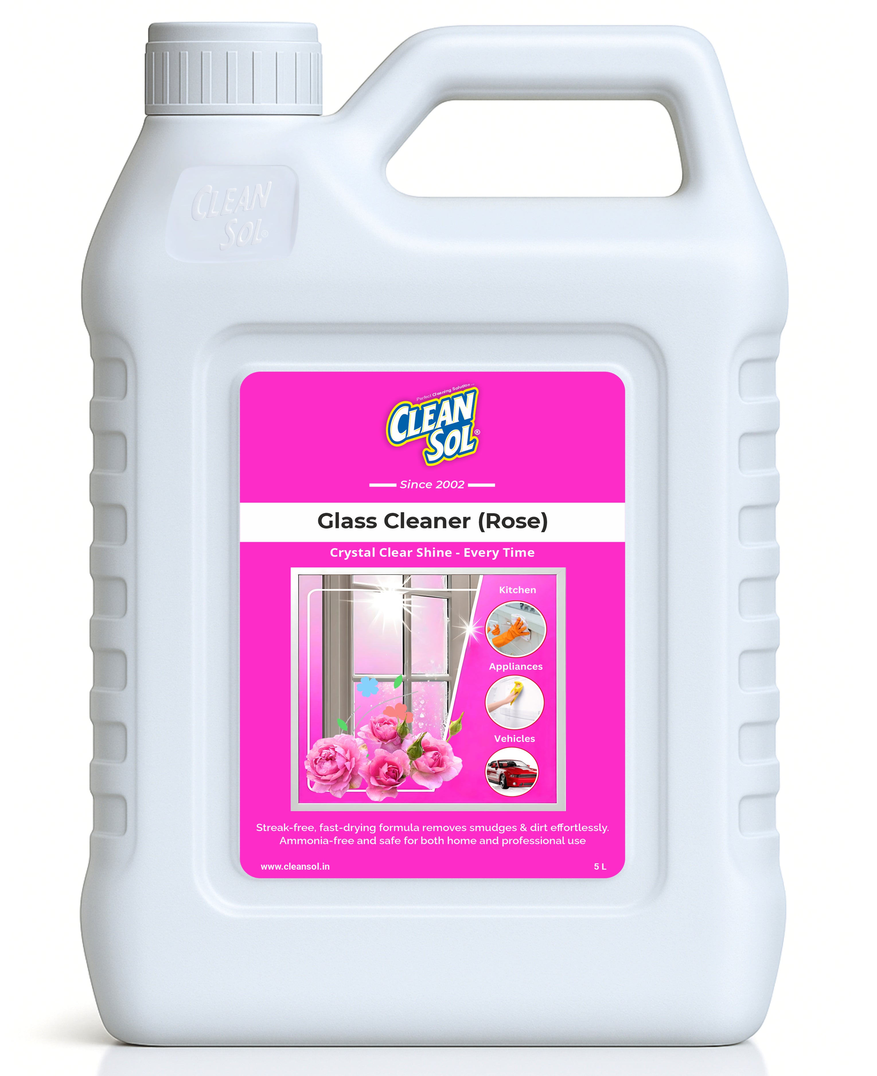 Cleansol Glass Cleaner Spray – Rose Fragrance | Streak-Free, Non-Toxic, Ammonia-Free, Eco-Friendly Multi-Surface Cleaner for Windows, Mirrors, Car Windshields, Kitchen & Home Cleaning - 5 ltr