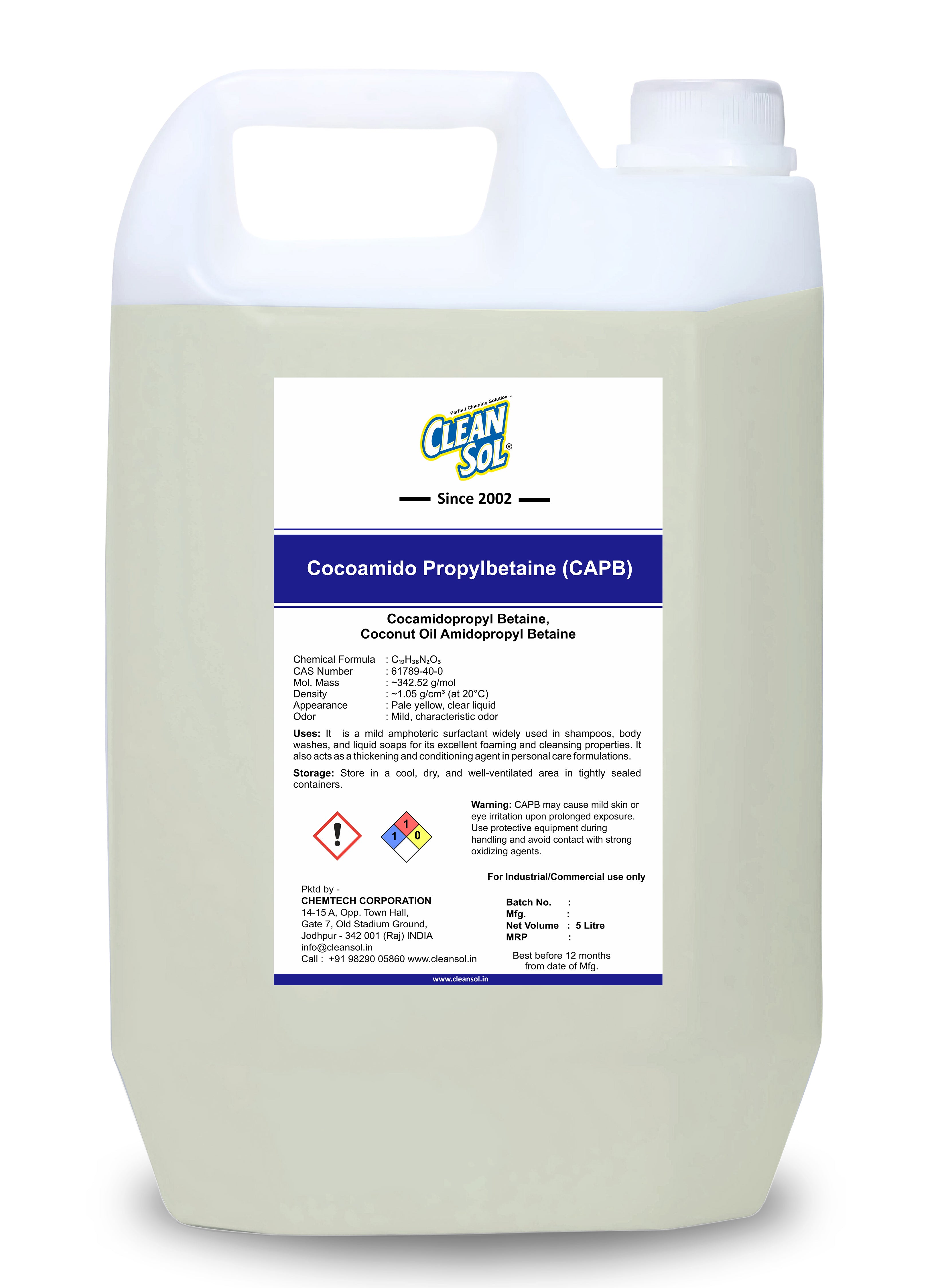 Cleansol Cocamidopropyl Betaine (CAPB) | Mild Surfactant for Shampoos, Body Washes, and Liquid Soaps | Foam Booster & Conditioning Agent for Personal Care