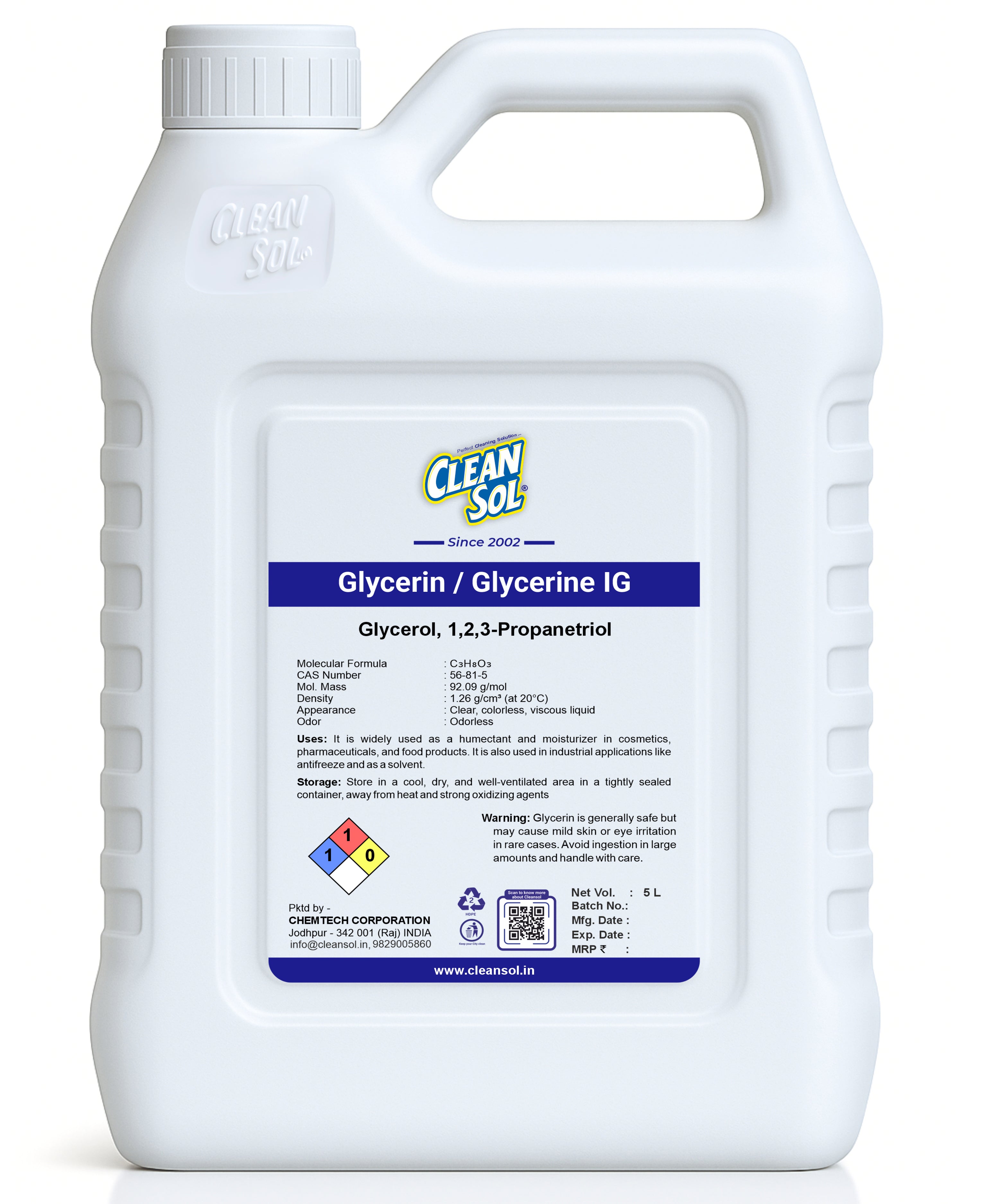 Cleansol Glycerin | IG Humectant for Cosmetics, Pharmaceuticals, and Industrial Applications -250ml /500ml/1L/5L