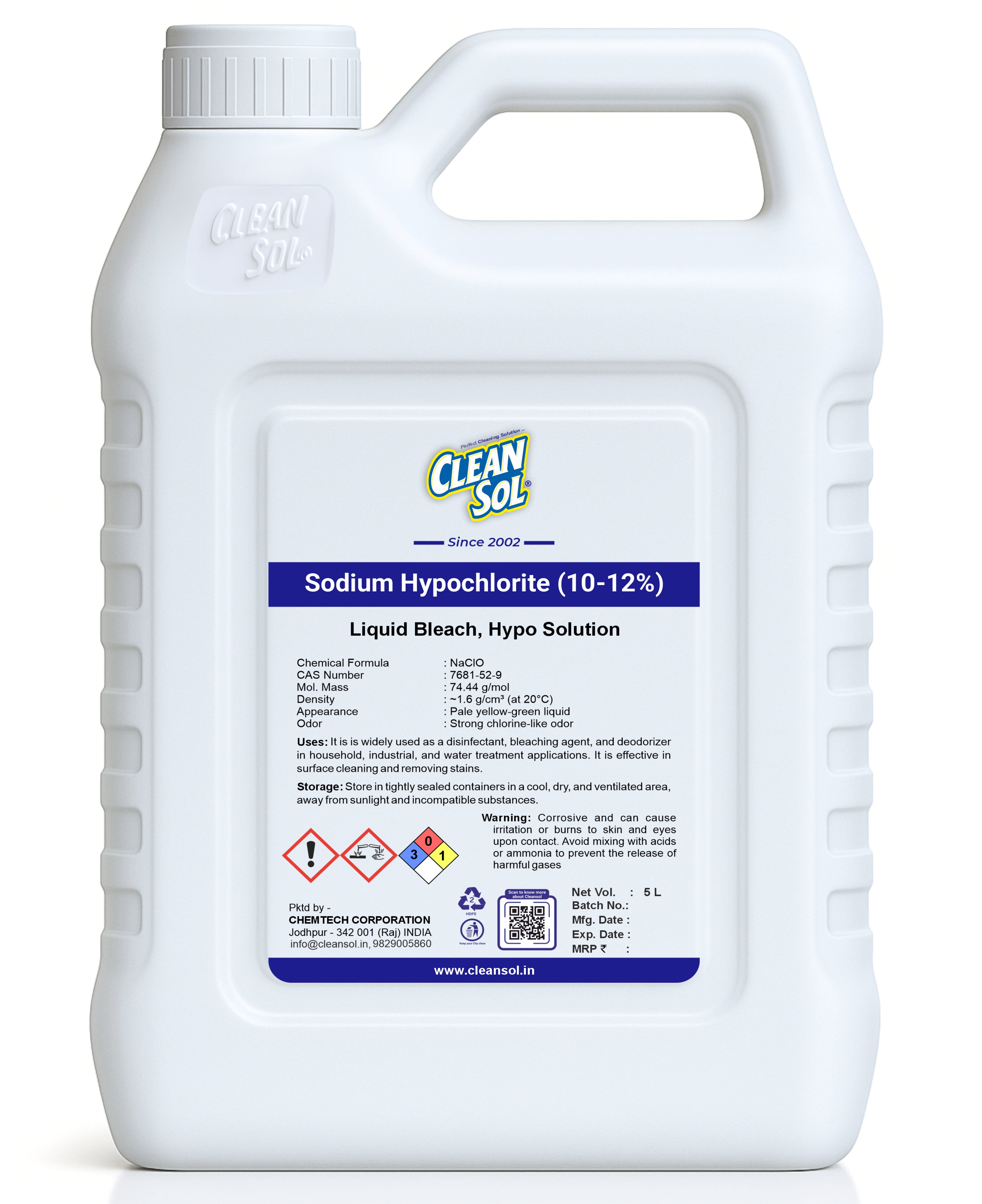 Cleansol Sodium Hypochlorite (10-12%) | Powerful Disinfectant & Bleaching Agent for Water Treatment, Cleaning, and Hygiene | Industrial-Grade Liquid Chlorine