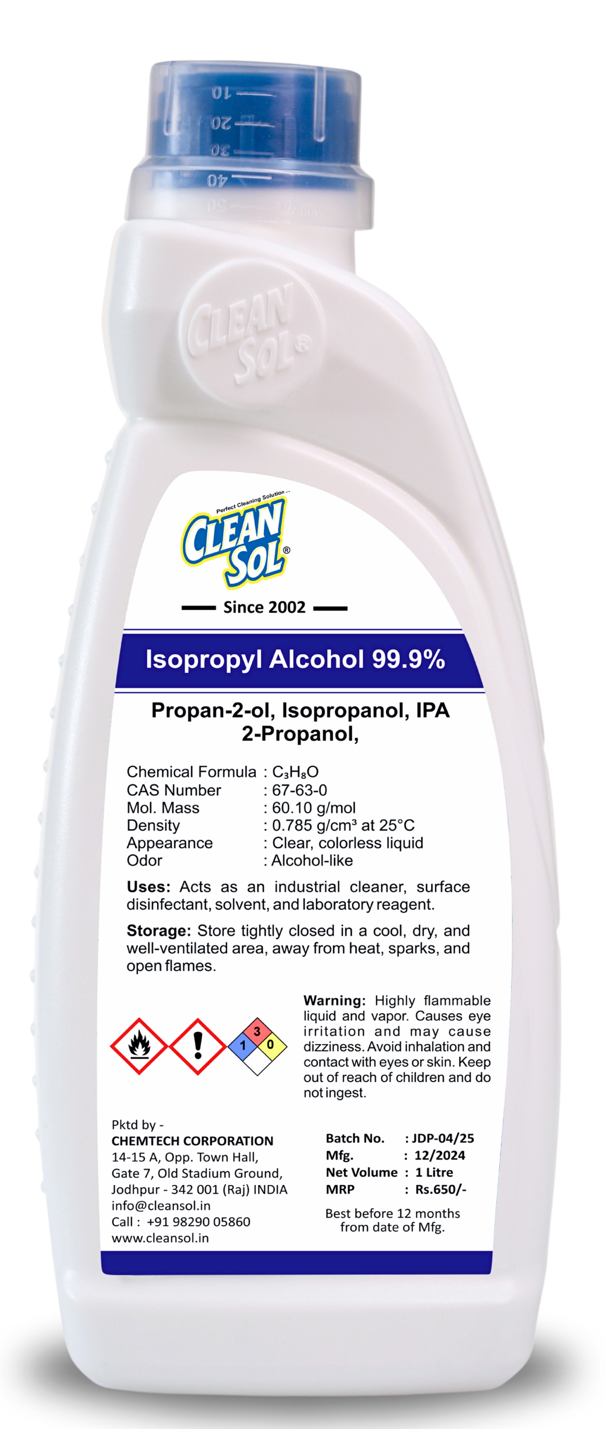Cleansol Isopropyl Alcohol 99.9% (IPA) | Rubbing Alcohol for Surface Disinfectant & Sanitizer