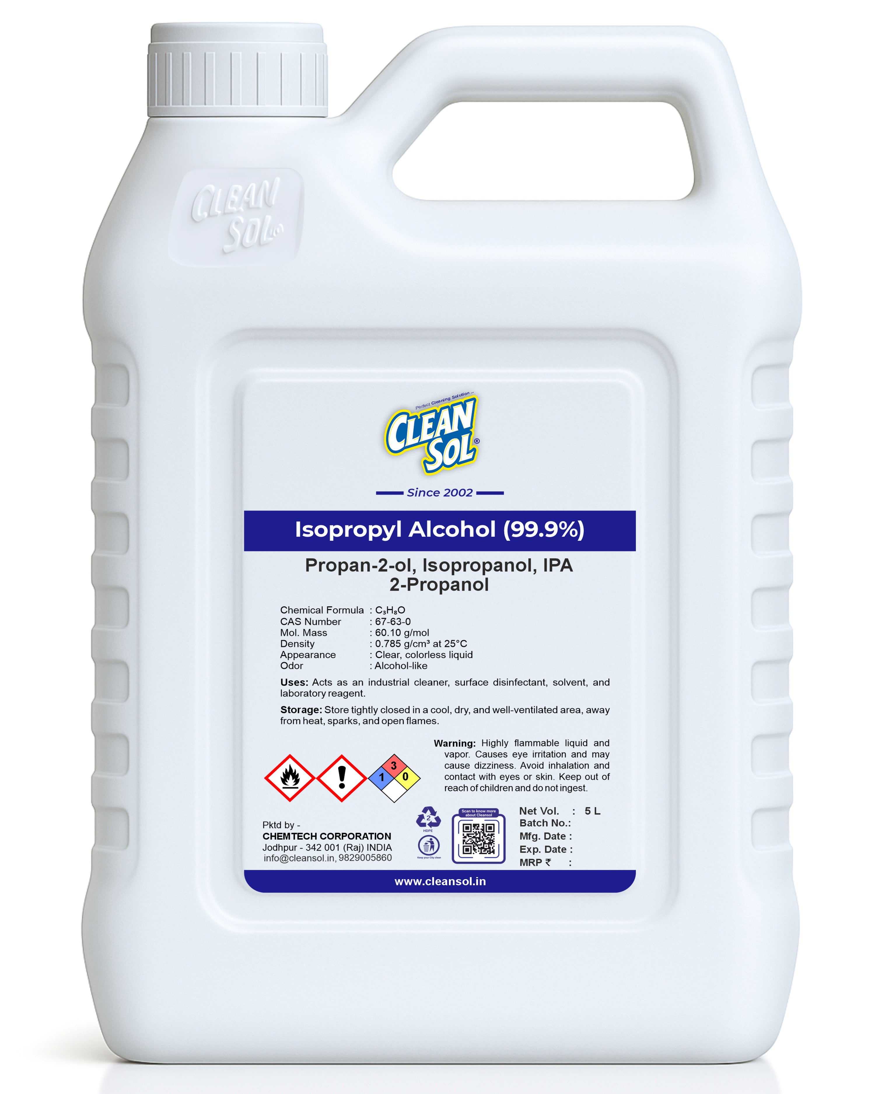 Cleansol Isopropyl Alcohol 99.9% - High Purity IPA Solvent for Cleaning, Disinfection, and Industrial Applications