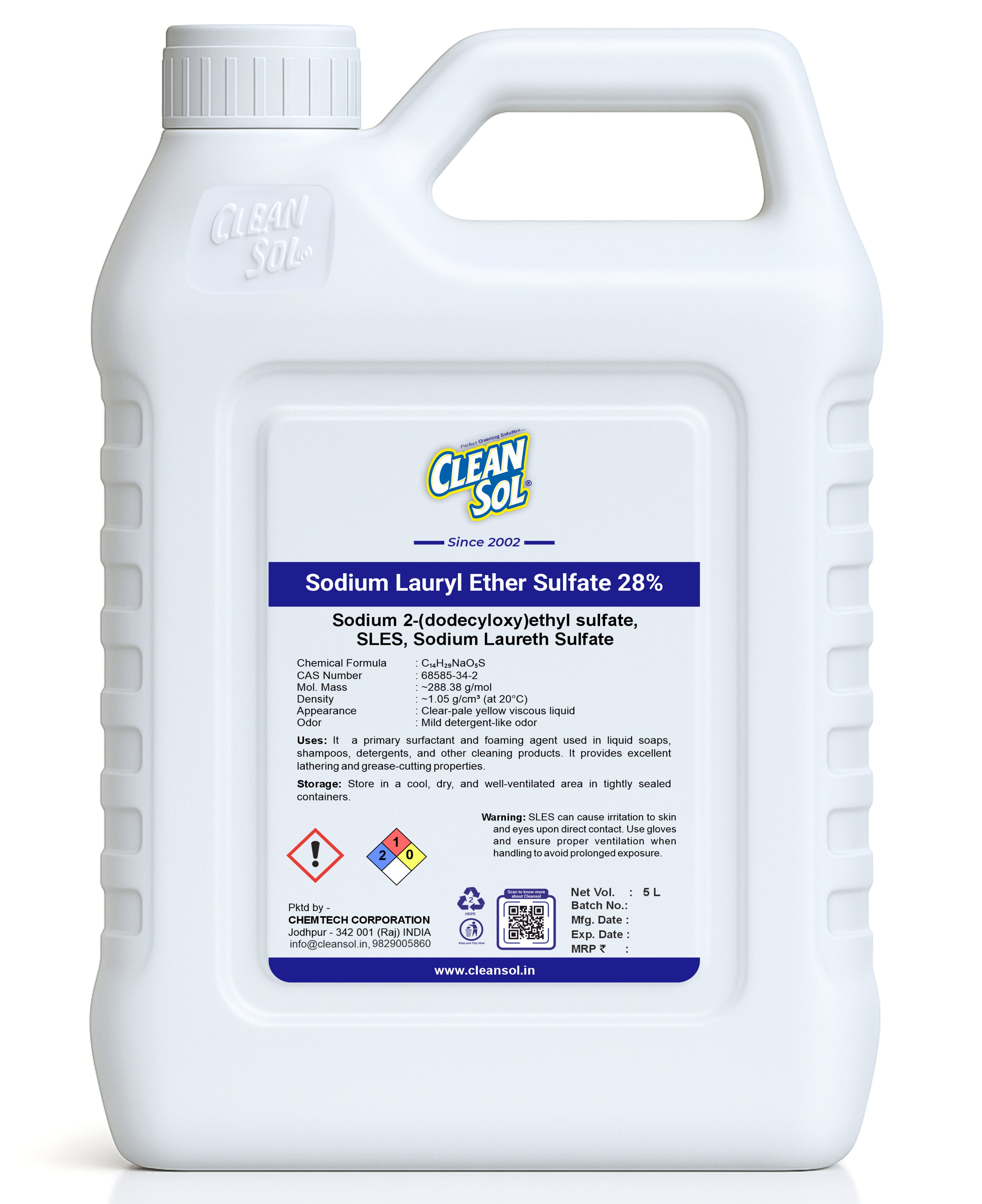 Cleansol Sodium Lauryl Ether Sulfate (SLES) 28% | High-Foaming Surfactant for Liquid Soaps, Shampoos, and Detergents | Cleaning Agent for Household & Industrial Use