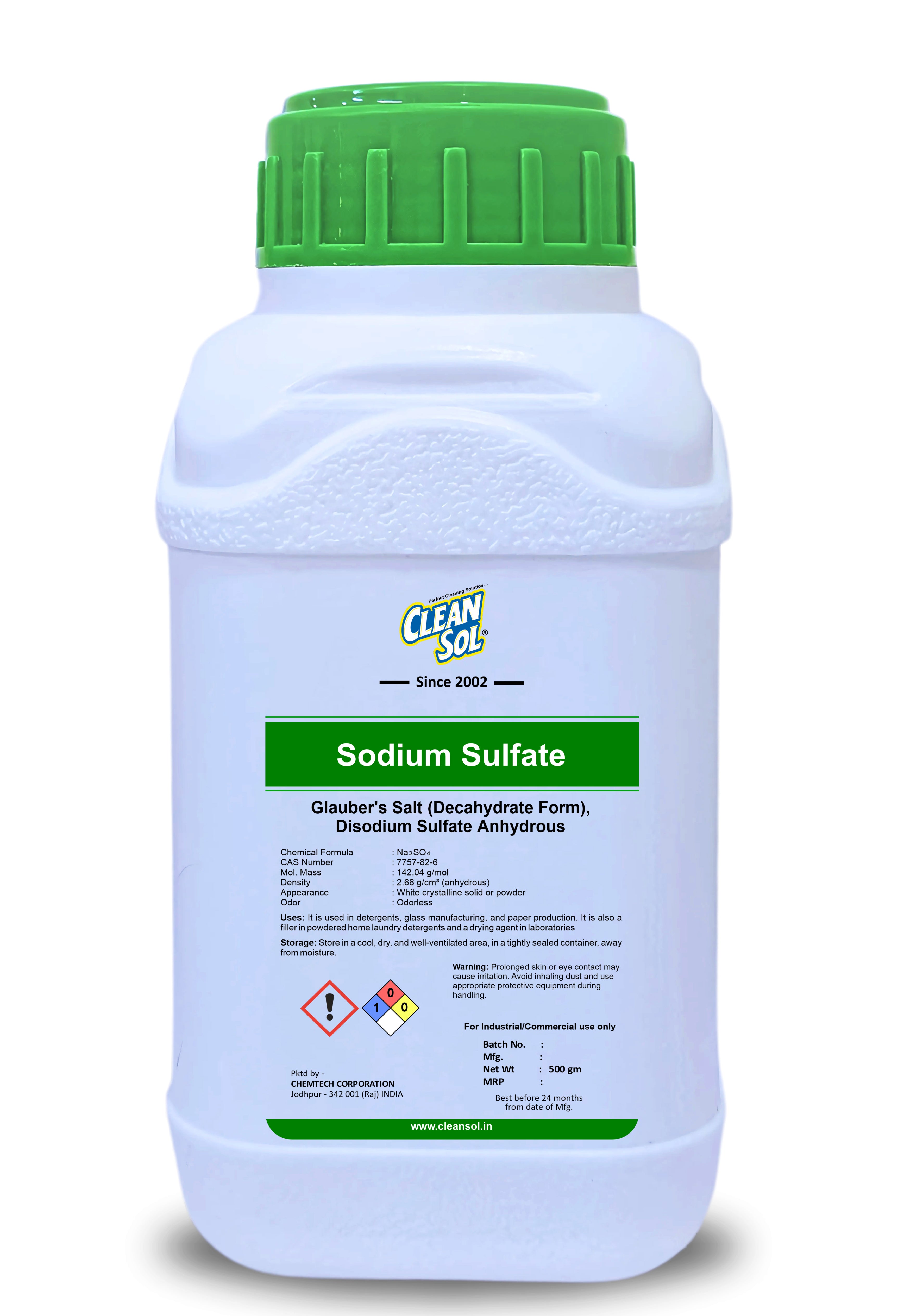 Cleansol Sodium Sulfate | Industrial-Grade Disodium Sulfate for Detergents, Glass Manufacturing, and Drying Applications - 250g/500g/1kg/5kg