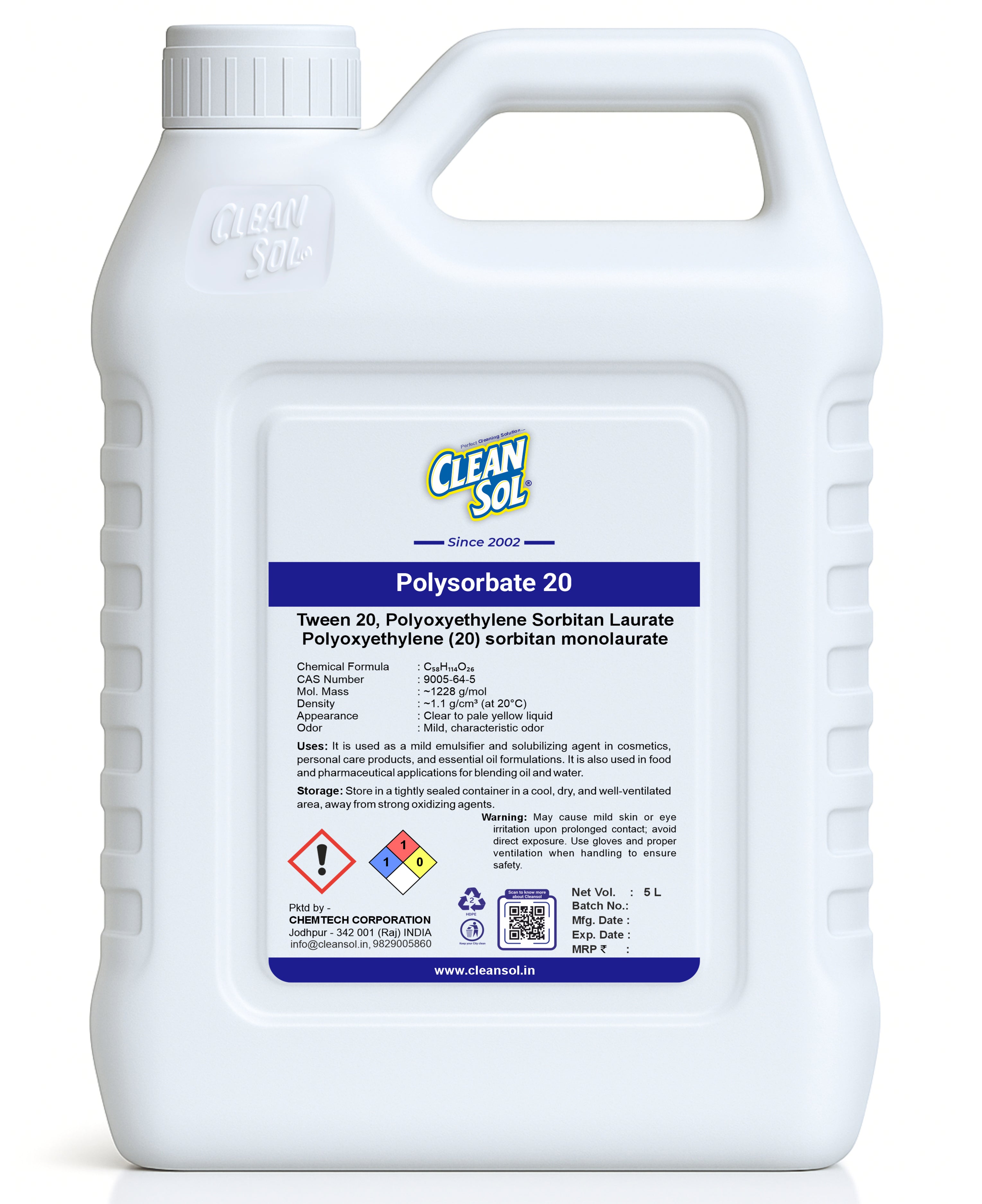 Cleansol Polysorbate 20 | Industrial Emulsifier & Surfactant for Cleaning and Formulations
