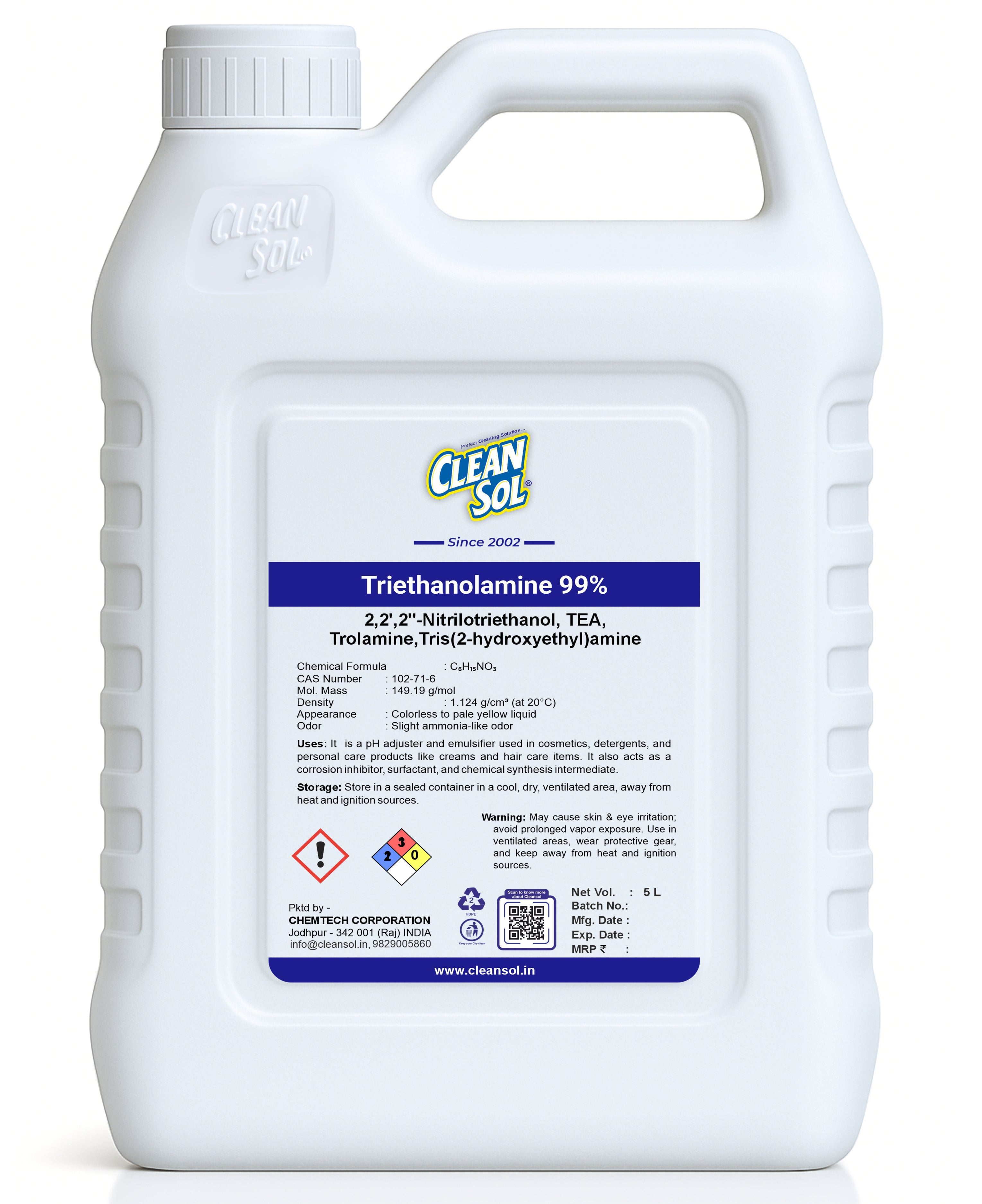 Cleansol Triethanolamine 99% | High Purity pH Adjuster & Emulsifier | Ideal for Cosmetics, Detergents, and Personal Care Products