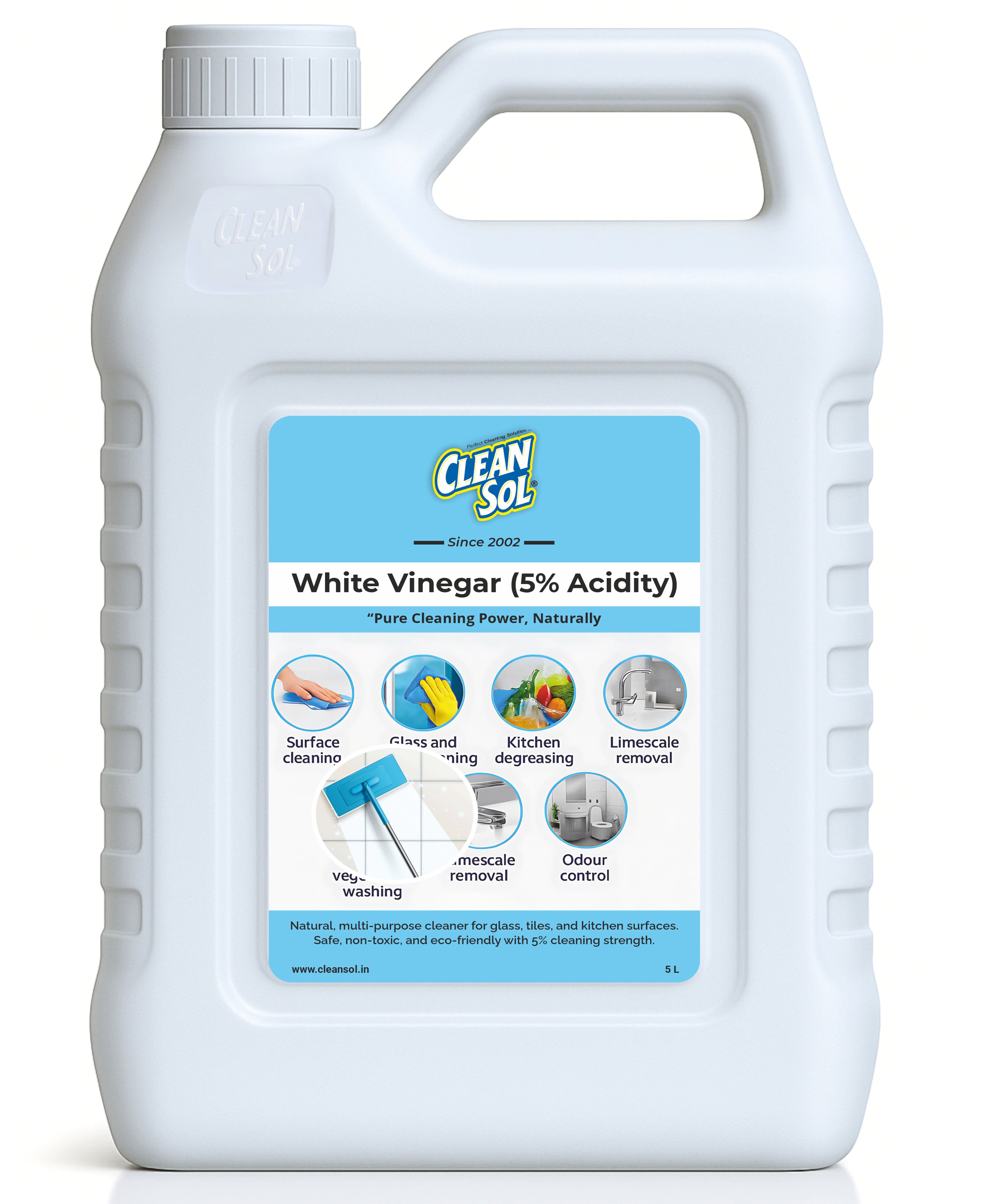 Cleansol White Vinegar for Cleaning Purpose  | 5% Vinegar for Household Use | Safe for Fruits & Vegetable Washing | Glass, Tile, Kitchen & Surface Cleane