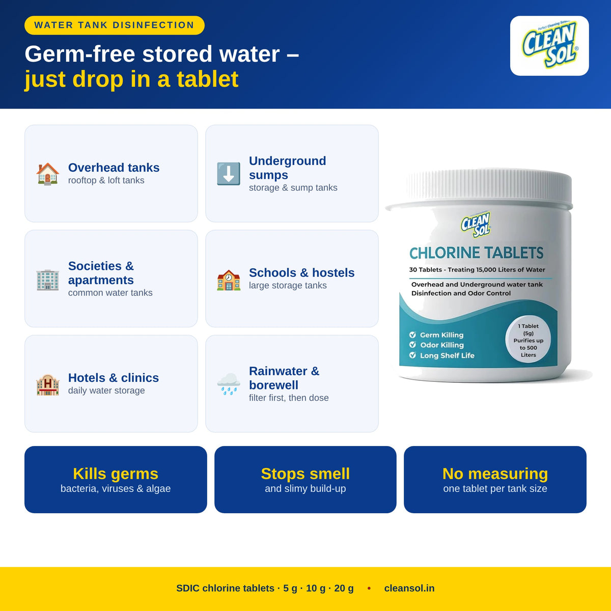 Cleansol chlorine tablets for overhead and underground water tanks, societies, schools and hotels
