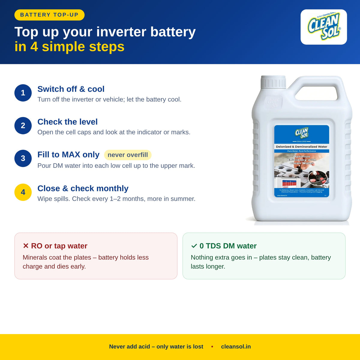 How to top up an inverter battery with DM water – 4 steps