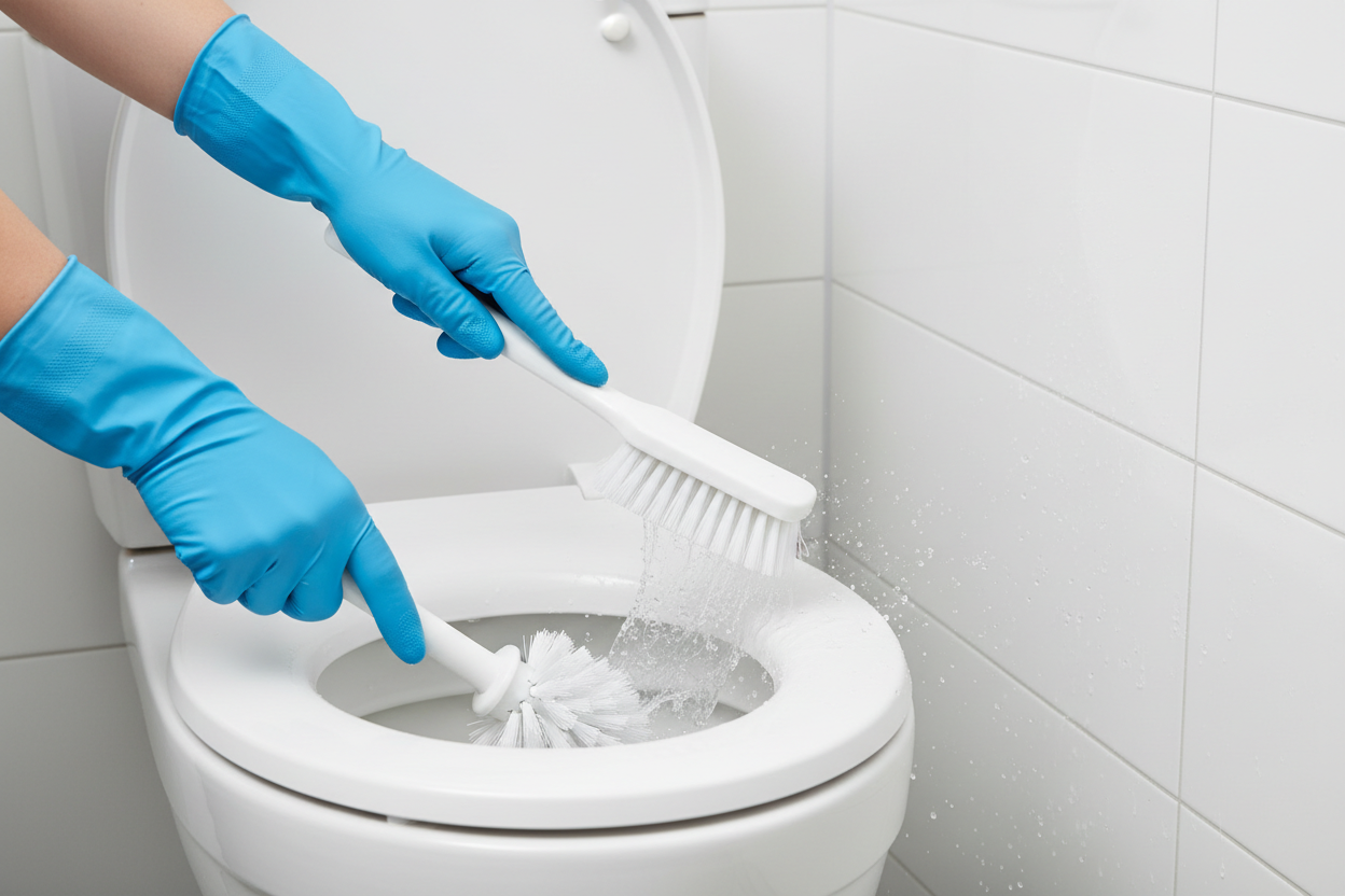 Generate image for the 1000ps x 500px+professional+for website section block+bathroom cleaner+tiles+cleaning+Brushing+toilet brush+tile brush+ toilet commode+white background only+no text+without bottles