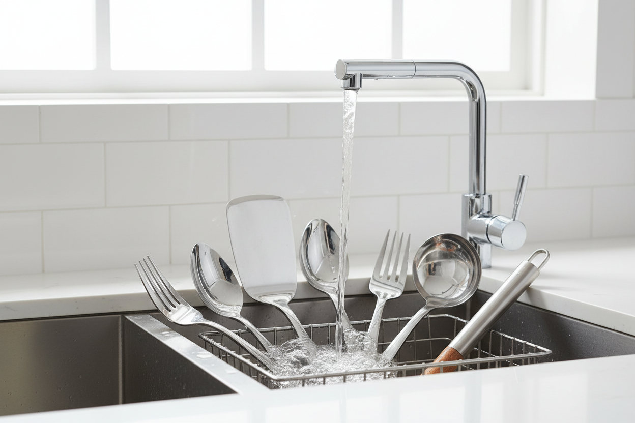 Please suggest the image 600pxx600px without bottles+text+Utensil cleaning+under tap water+kitchen+