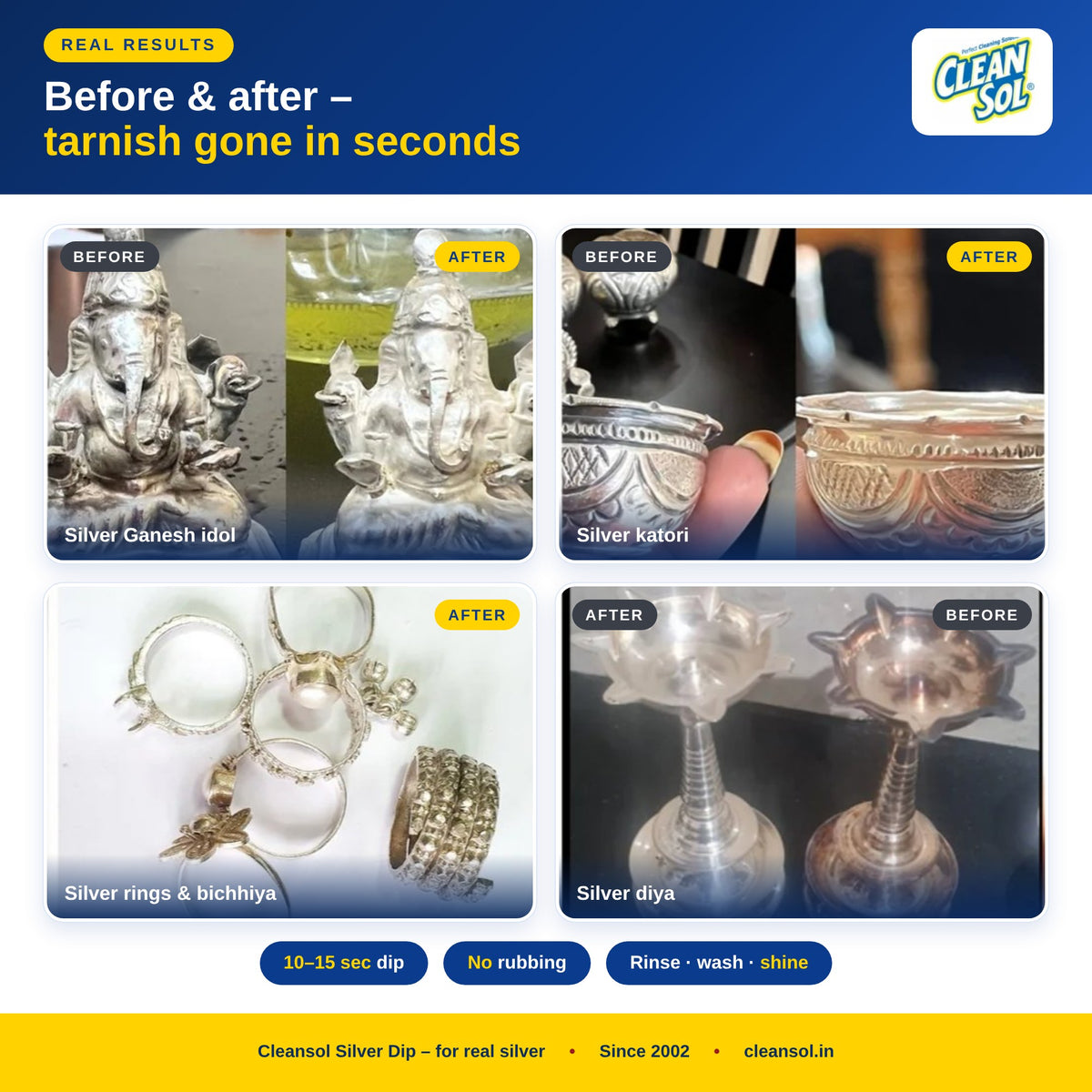 Silver dip before and after – Ganesh idol, katori, rings and diya restored in seconds