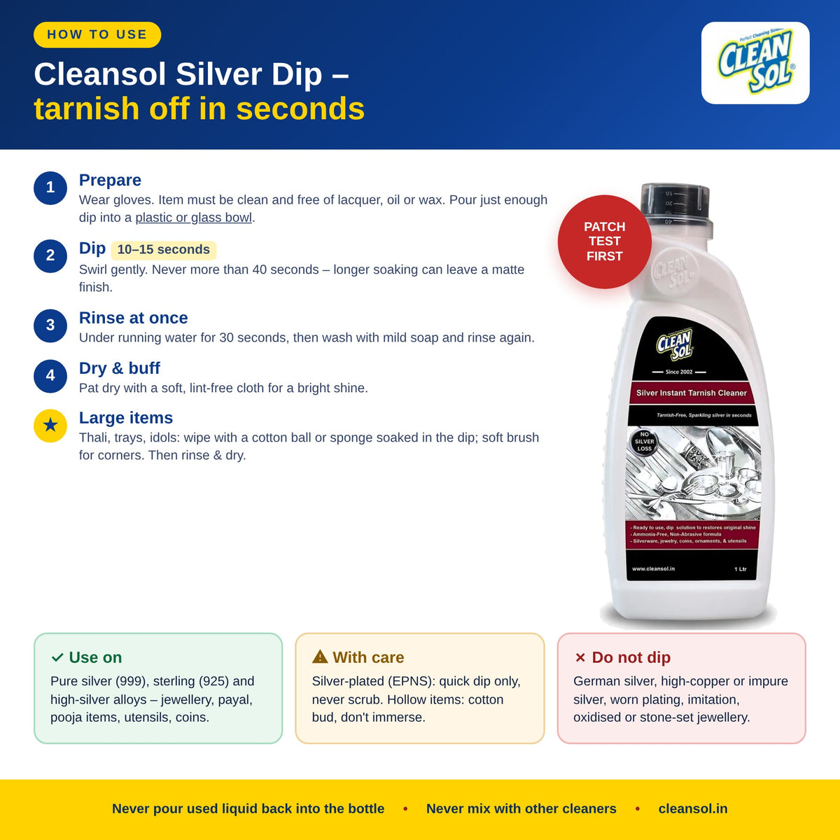 How to use Cleansol silver dip – dip 10–15 seconds, rinse and dry; what to dip and what not to