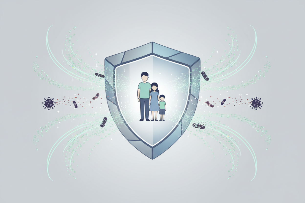 Suggest 600px x 600px + Square image+without bottles+without Text+ spray bottle mist+disinfectant+sanitizer+virus+bacteria+protection shield+single Family+light grayish+ background