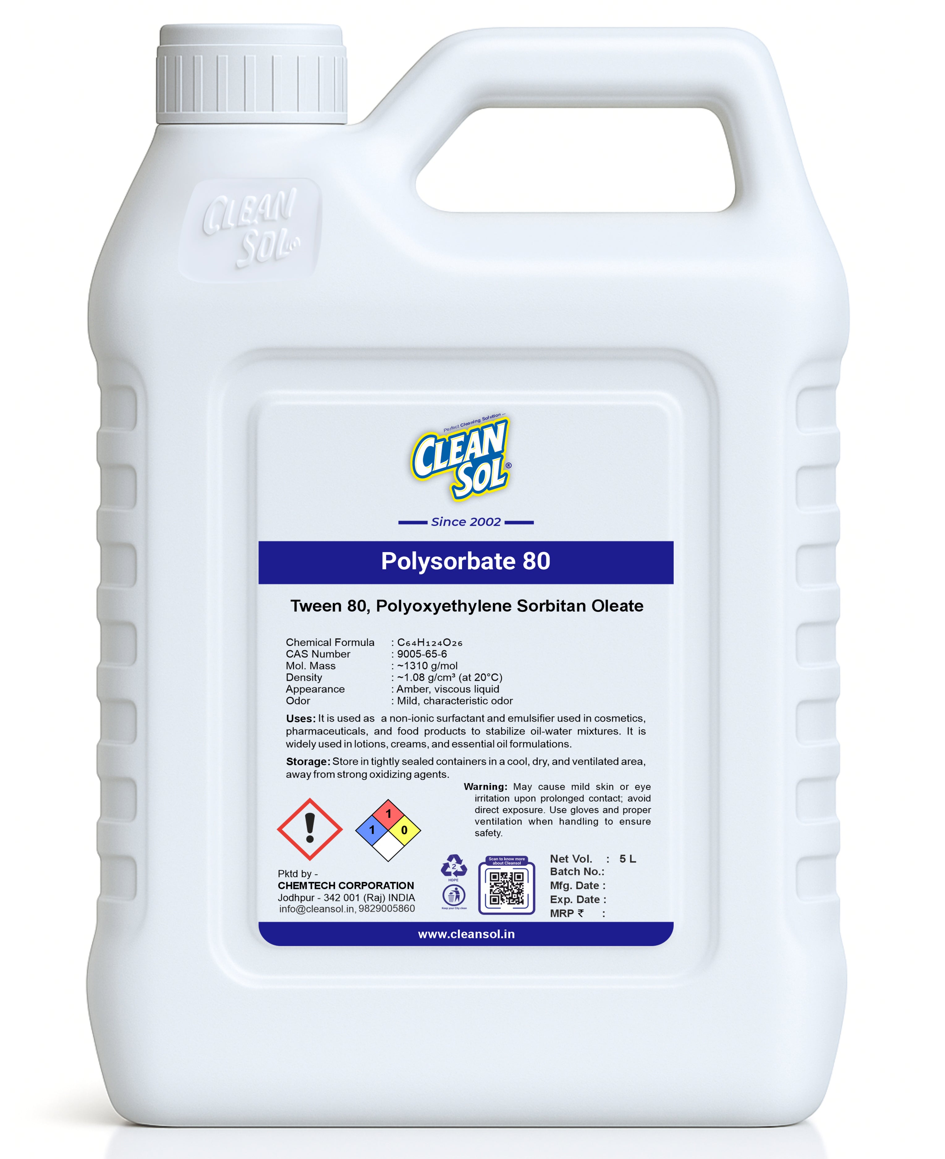 Cleansol Polysorbate 80 | Premium Emulsifier & Surfactant for Cosmetics, Pharmaceuticals, and Food Applications - 250ml/500ml/1L/5L