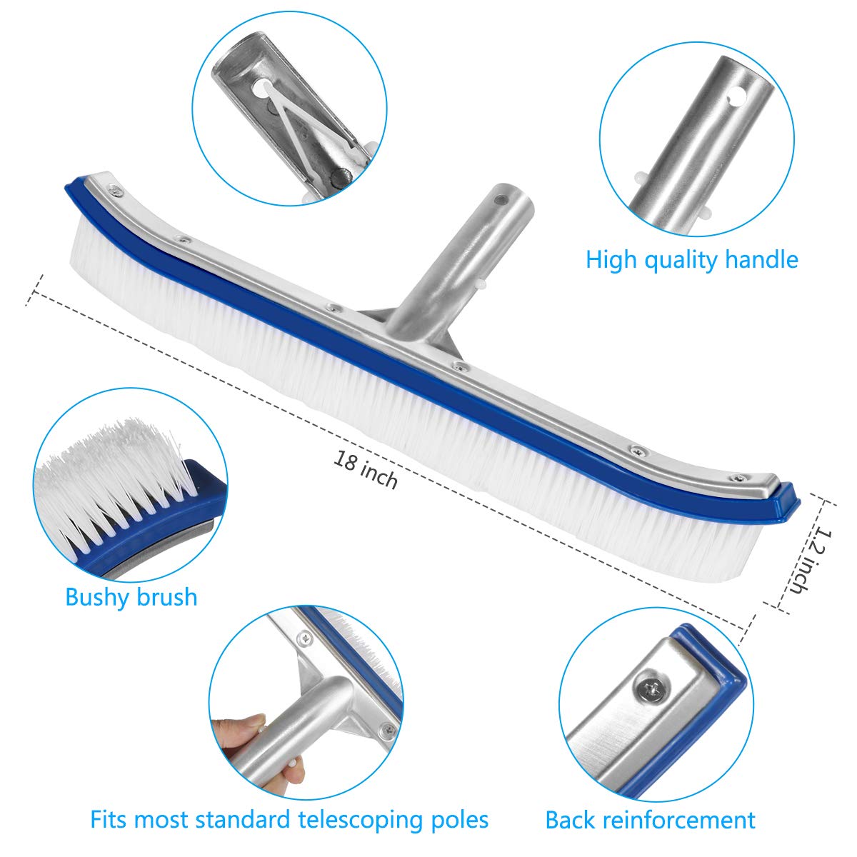 Swimming Pool Wall Brush 18” | Heavy-Duty Nylon Bristles & Aluminum Back | Curved Design for Wall & Floor Cleaning | Fits Standard Telescopic Poles | Durable & Effective
