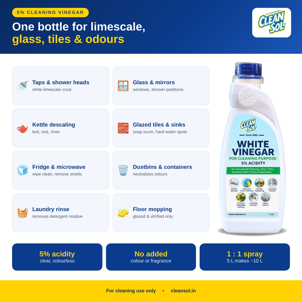 White vinegar uses – taps, glass, kettle descaling, tiles, fridge, dustbins, laundry rinse and mopping