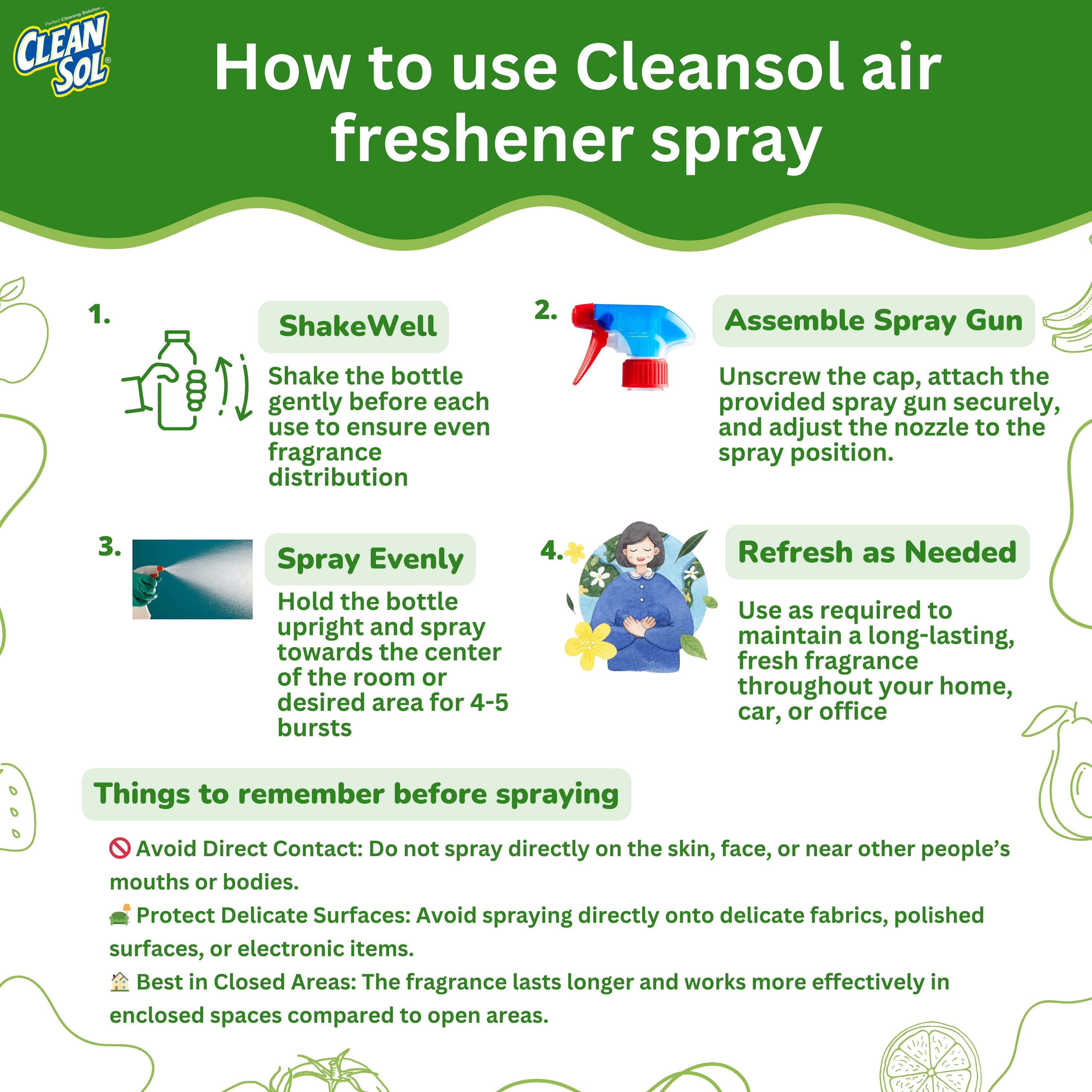 Cleansol  Air Freshener Spray  - 500 ml  | Non-Aerosol, Water-Based, Alcohol-Free | Long-Lasting Fragrance for Home, Car, Office | Non-Toxic, Eco-Friendly, Solvent-Free Air Freshener