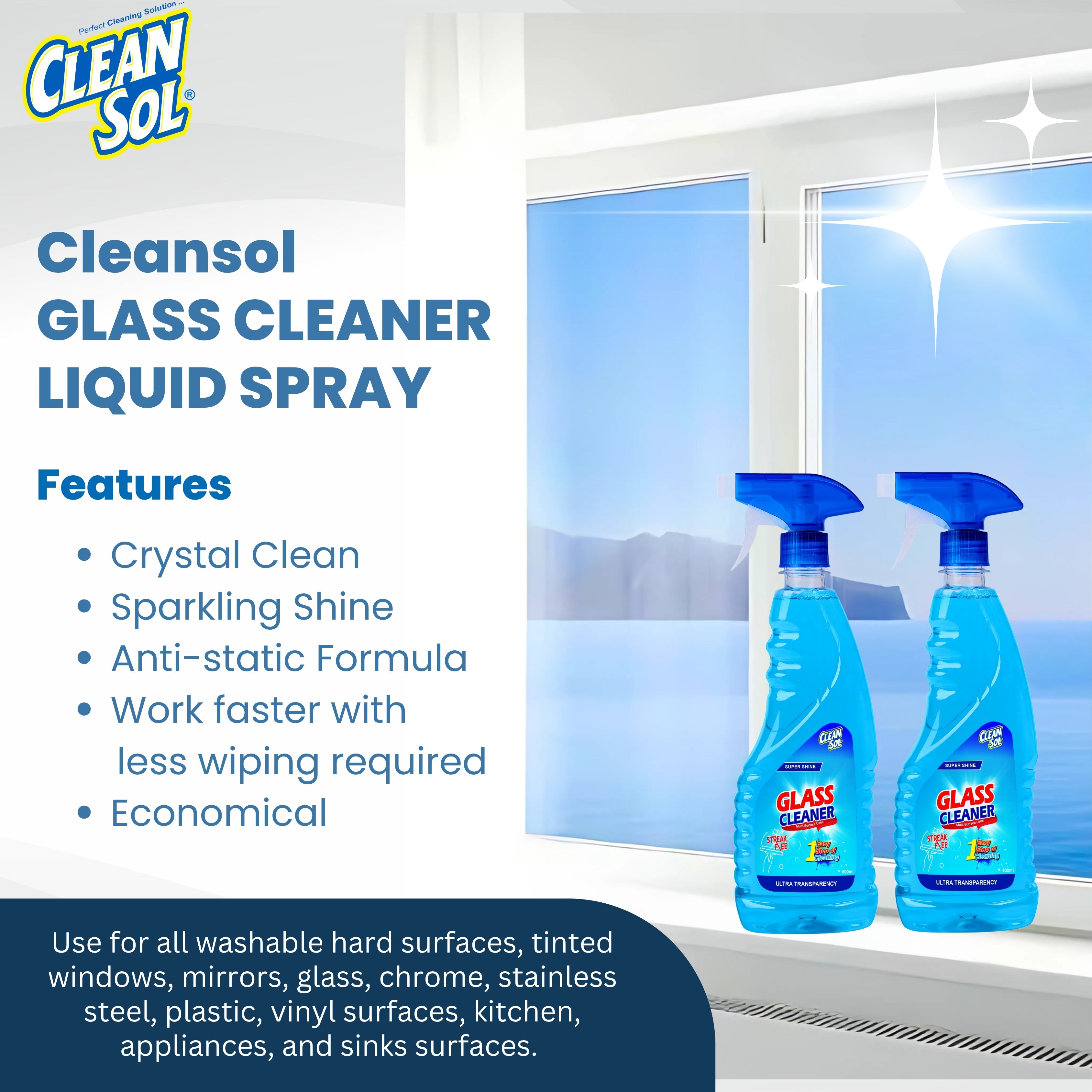 Cleansol Glass Cleaner Liquid Spray | Streak-Free, Non-Toxic, Ammonia-Free, Eco-Friendly Multi-Surface Glass Cleaner | For Mirror, Window, Kitchen, Car Windshields, | Fresh Fragrance |
