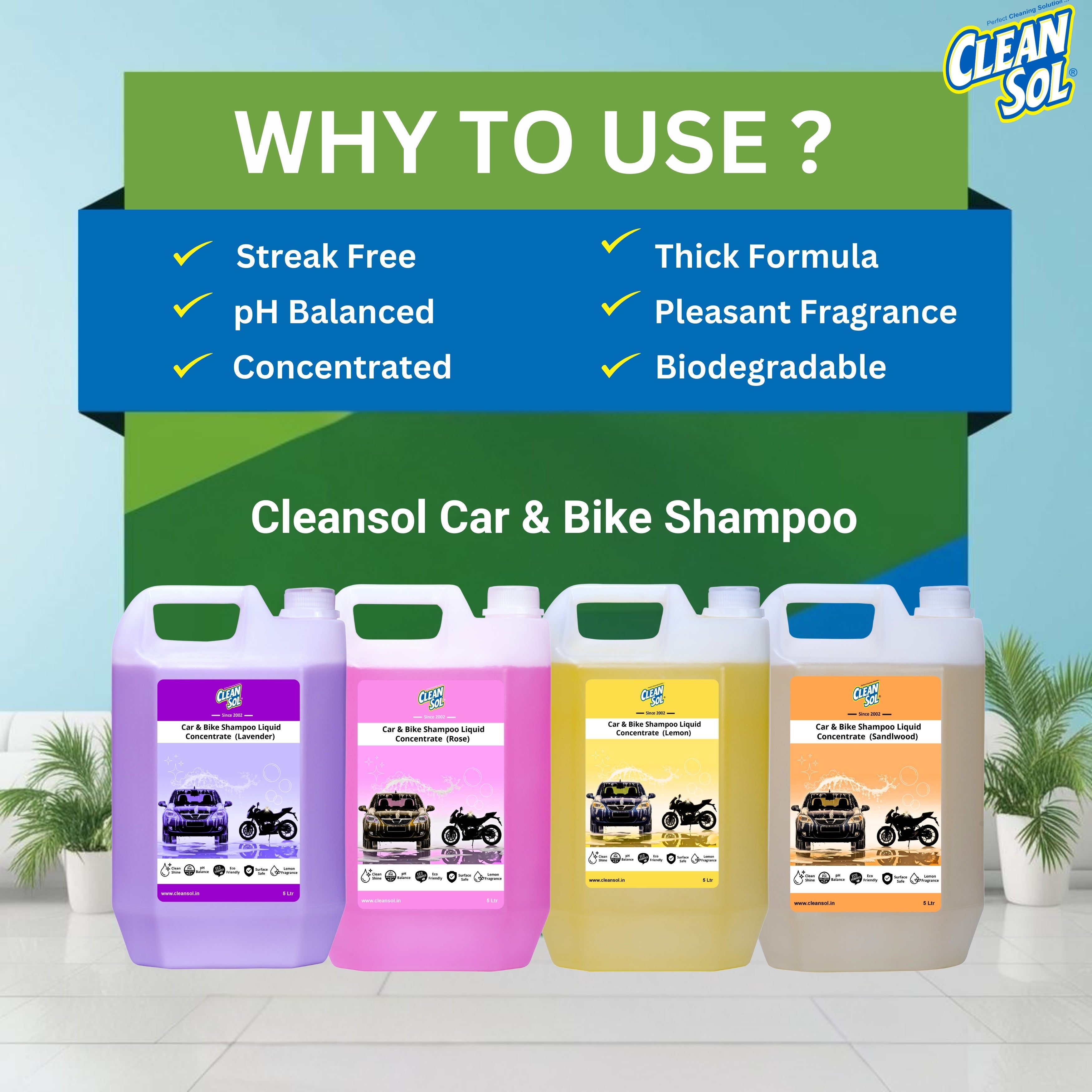 Cleansol Car & Bike Wash Shampoo Concentrate - 5 Ltr | High-Foaming, pH-Balanced, Paint-Safe Formula | Thick Suds with Shine Boost | Works with Foam Cannon & Bucket Wash |