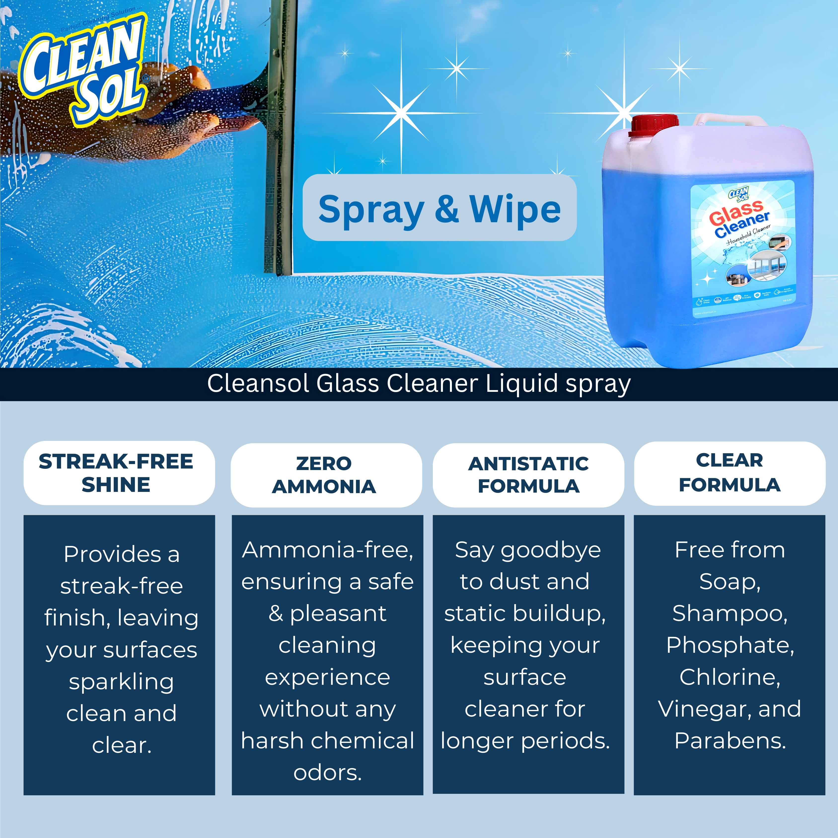 Cleansol Glass Cleaner Spray 10 Liters | Streak & Ammonia Free Glass Cleaning Liquid for Car Windshield, Windows, Mirrors | Eco-Friendly Multipurpose All-Surface Cleaner for Kitchen & Solar Panels
