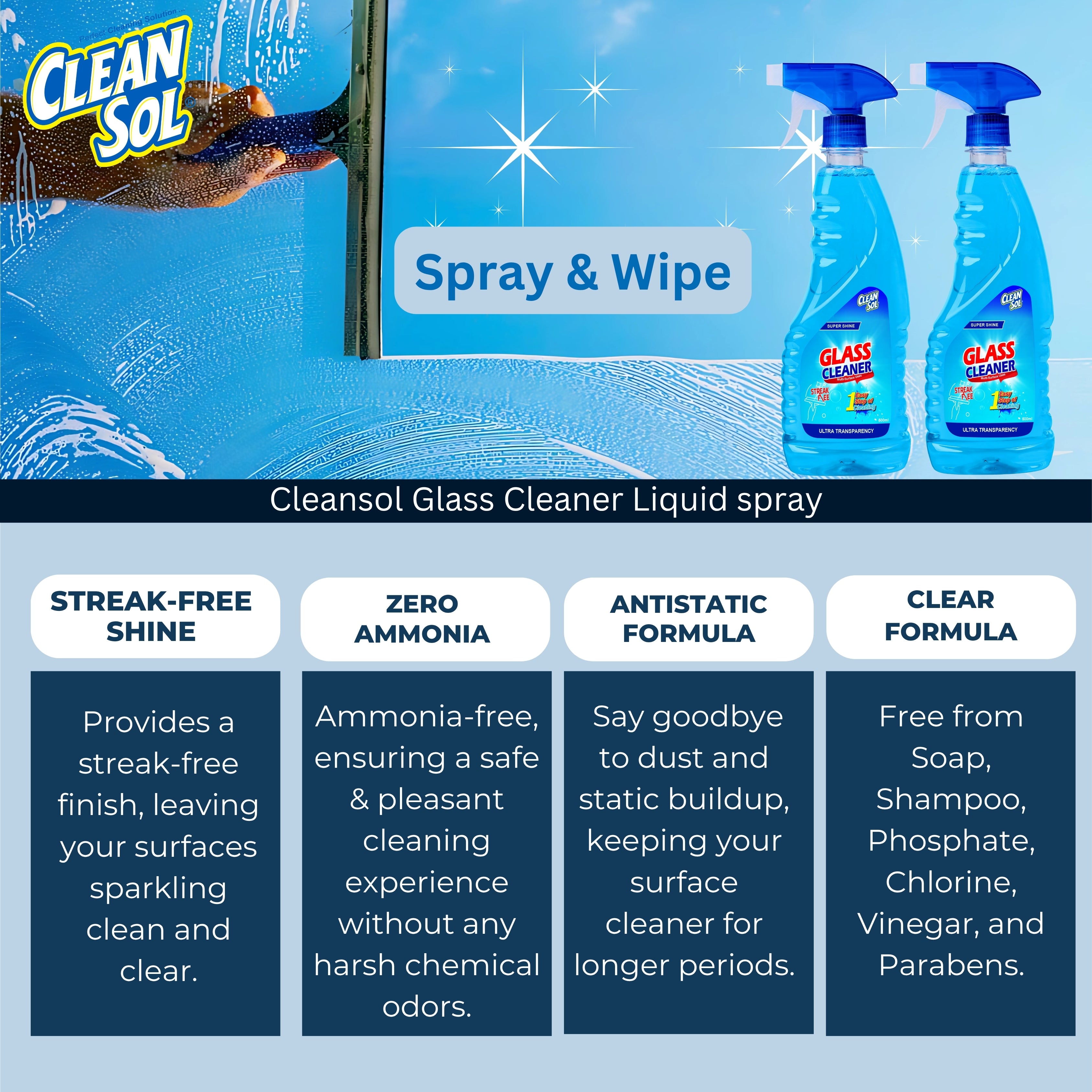 Cleansol Glass Cleaner Liquid Spray | Streak-Free, Non-Toxic, Ammonia-Free, Eco-Friendly Multi-Surface Glass Cleaner | For Mirror, Window, Kitchen, Car Windshields, | Fresh Fragrance |