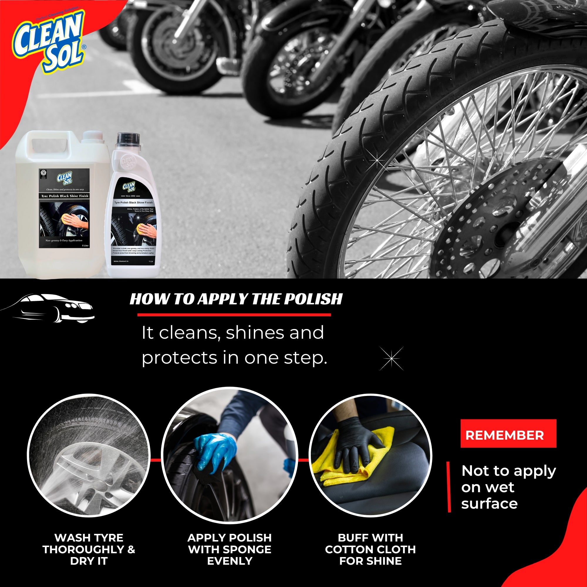 Cleansol Tyre Polish for car and bike - Black Shine Finish