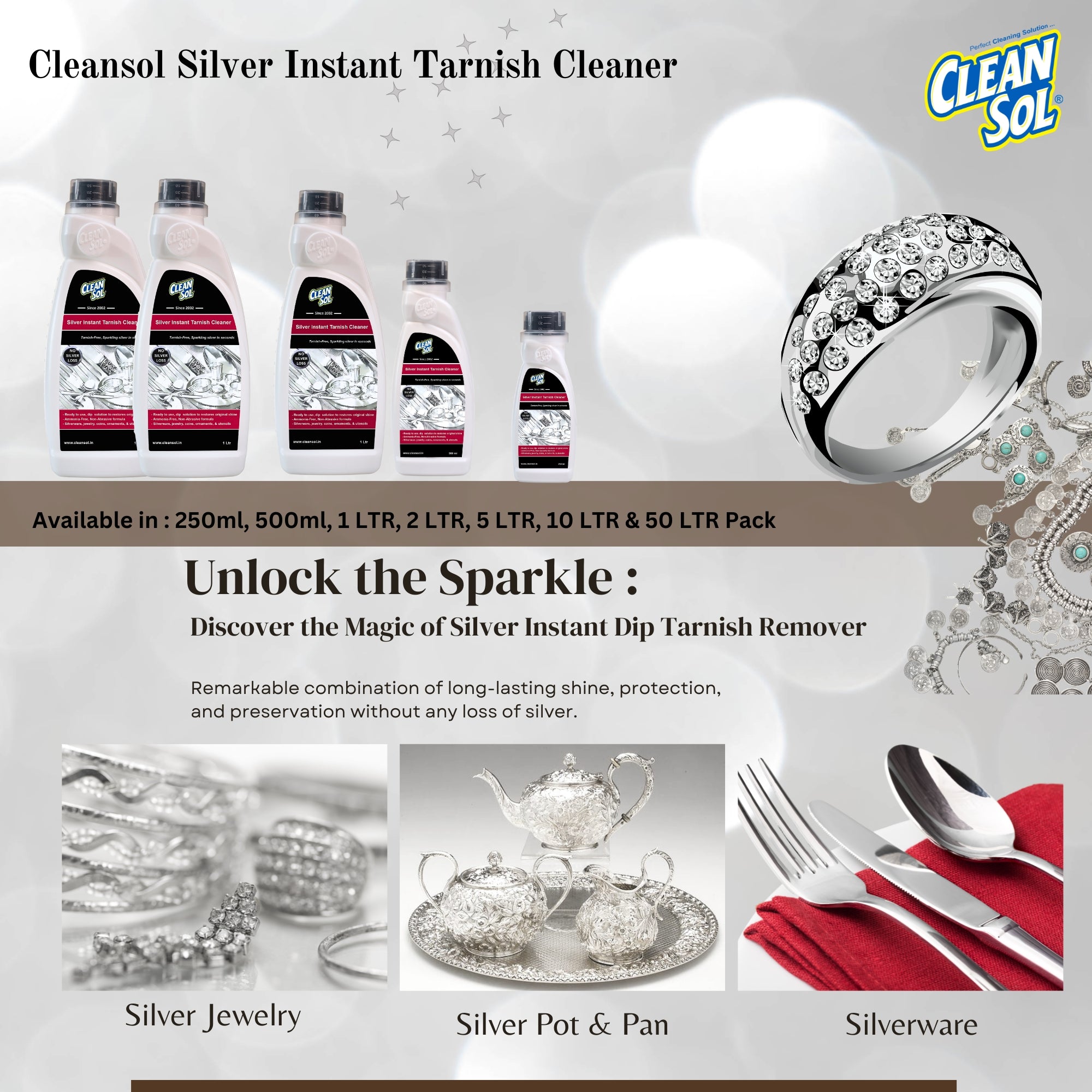 Cleansol Silver Cleaning Liquid - Silver Dip | Instant Silver Cleaner and Tarnish Cleaner