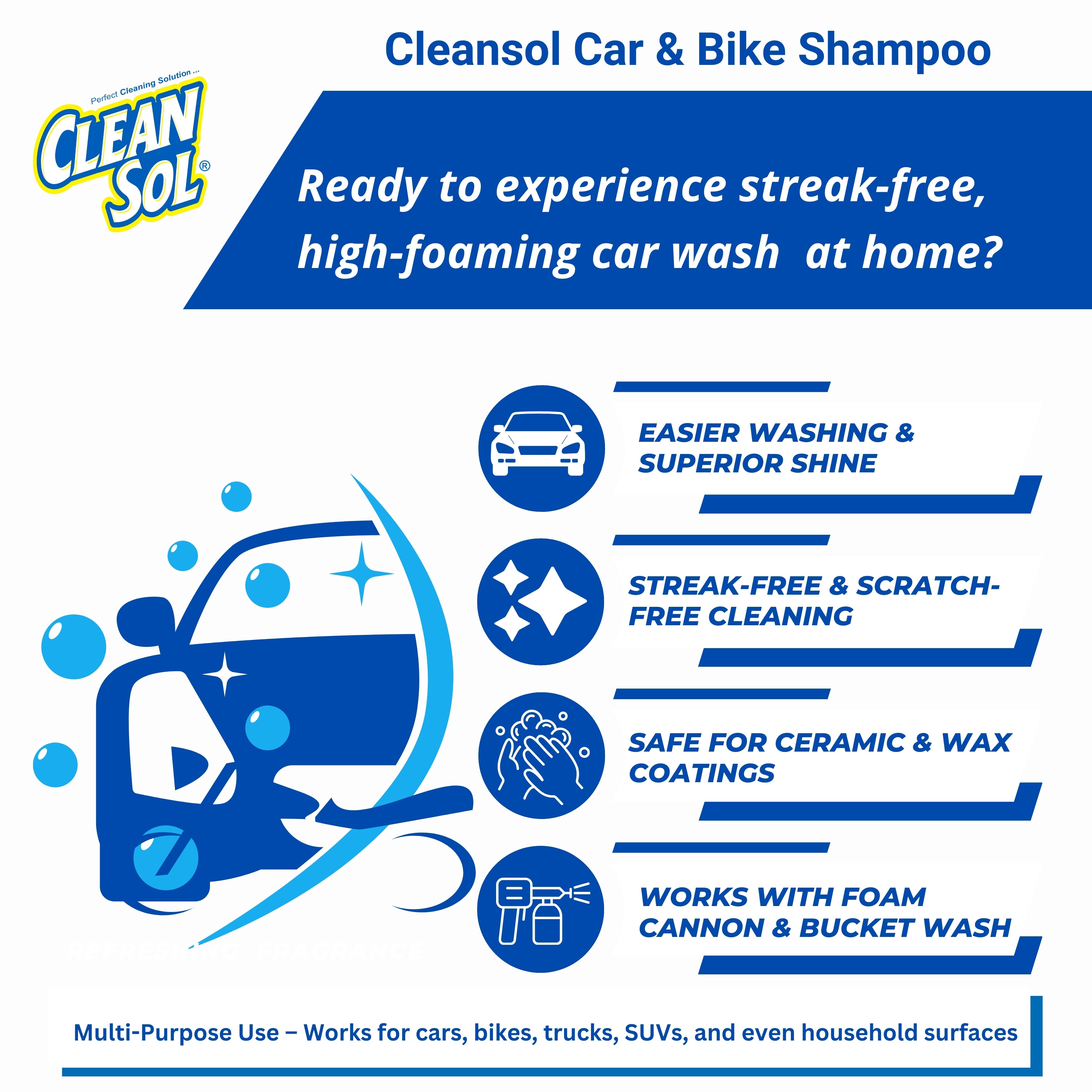 Cleansol Car & Bike Wash Shampoo Concentrate - 5 Ltr | High-Foaming, pH-Balanced, Paint-Safe Formula | Thick Suds with Shine Boost | Works with Foam Cannon & Bucket Wash |